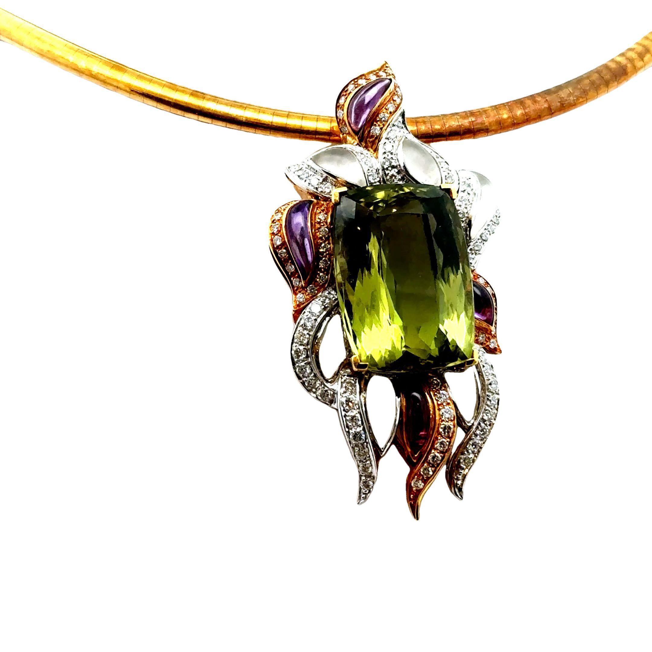 29.76 Karat Grüner Beryll Diamant Mondstein Amethyst 18k Gelbgold & Platin (Zeitgenössisch) im Angebot