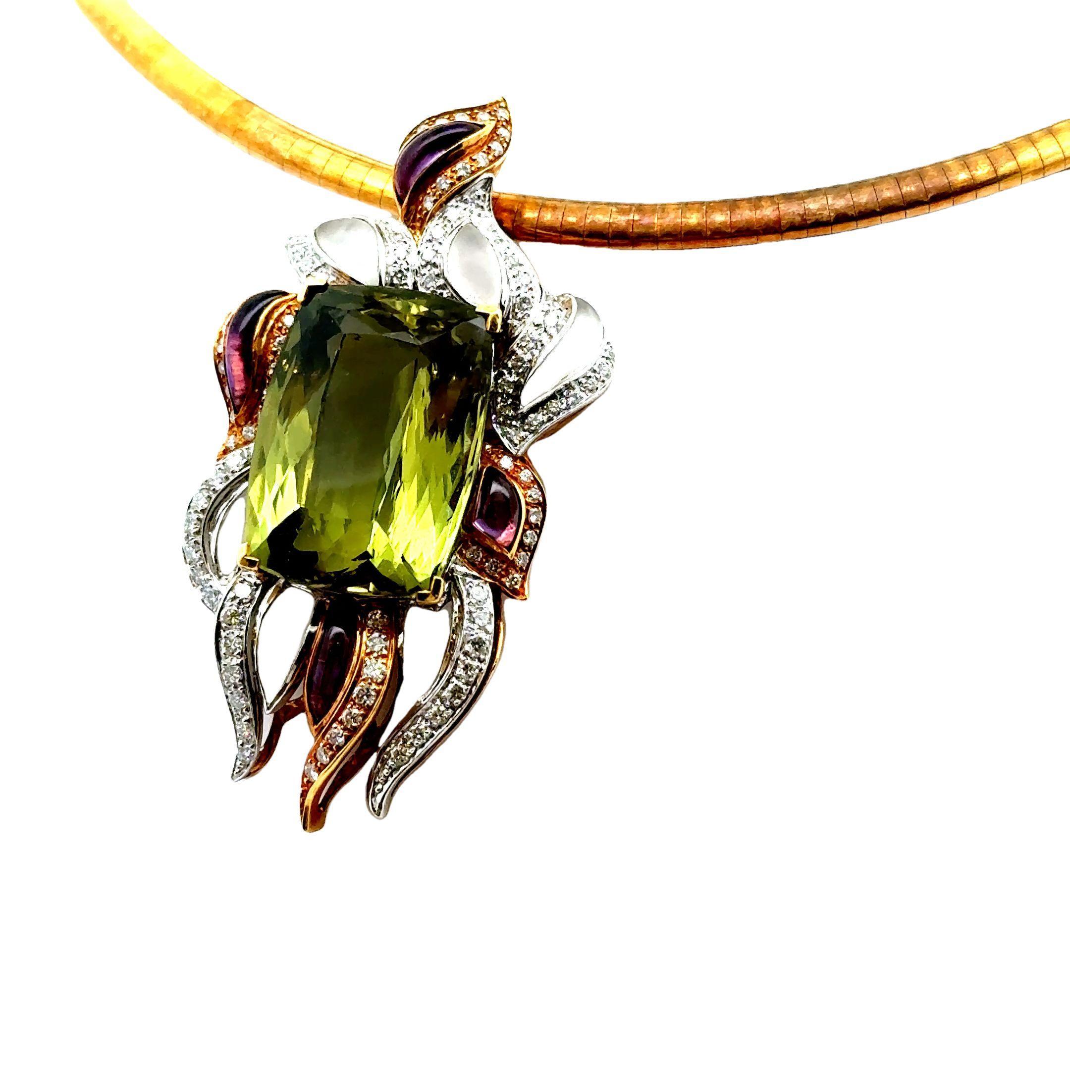 29.76 Karat Grüner Beryll Diamant Mondstein Amethyst 18k Gelbgold & Platin (Kissenschliff) im Angebot