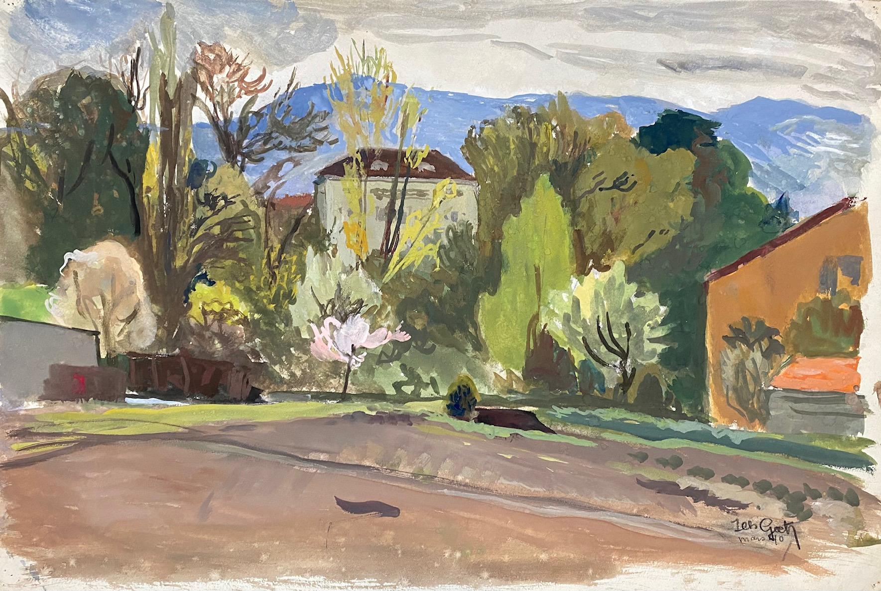 Isaac Charles Goetz Landscape Art – Geneva's Landschaft; Villa vor dem Salève von Goetz - Zeichnung 36x54 cm