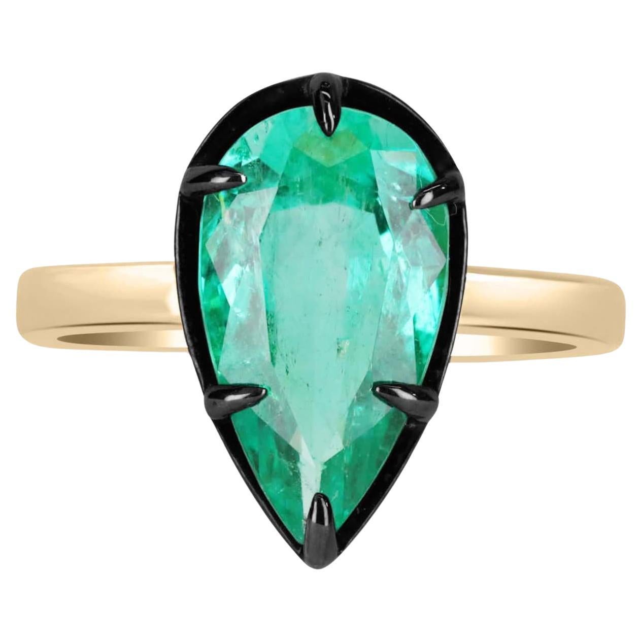 2.97ct 18K Teardrop Emerald Georgian Styled Solitaire Ring For Sale