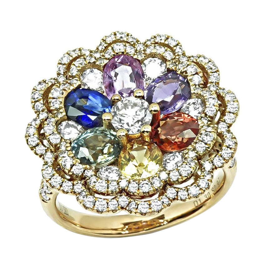 2.97ct Multi Color Sapphire 1.30ct Diamond 18k Pink Gold Cocktail Ring For Sale