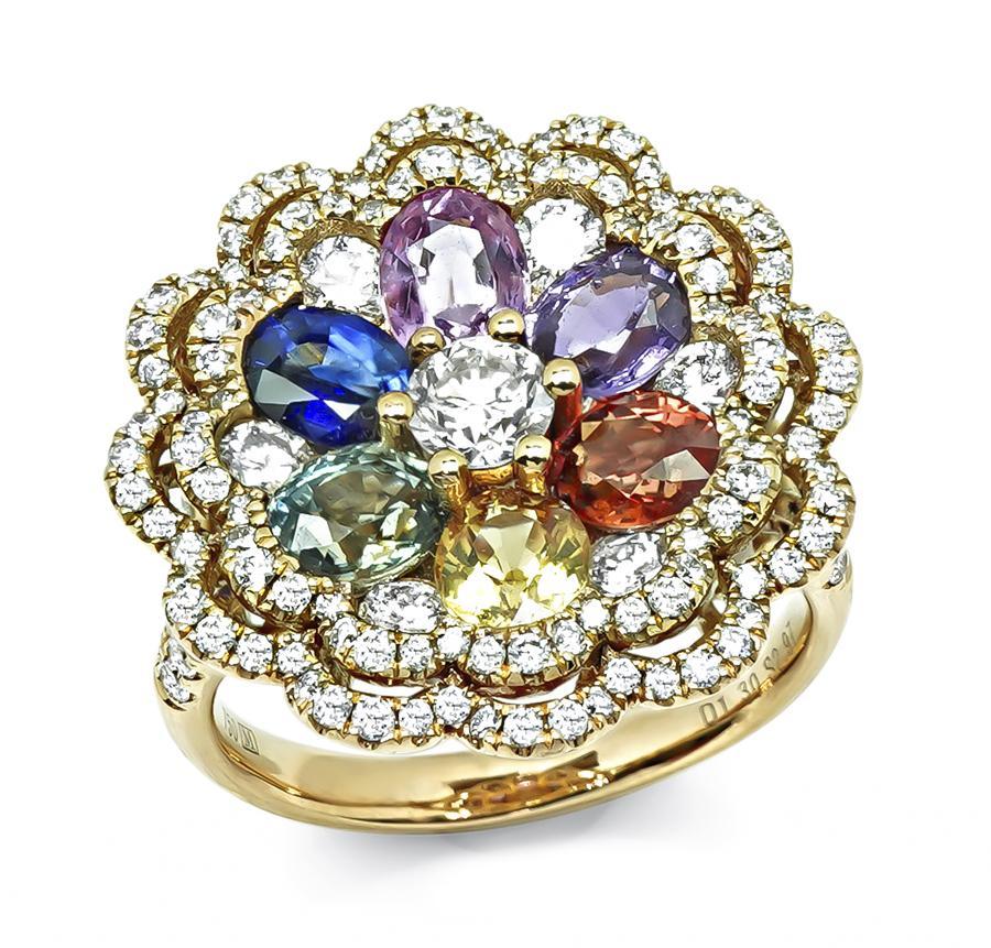 2.97ct Multi Color Sapphire 1.30ct Diamond 18k Pink Gold Cocktail Ring