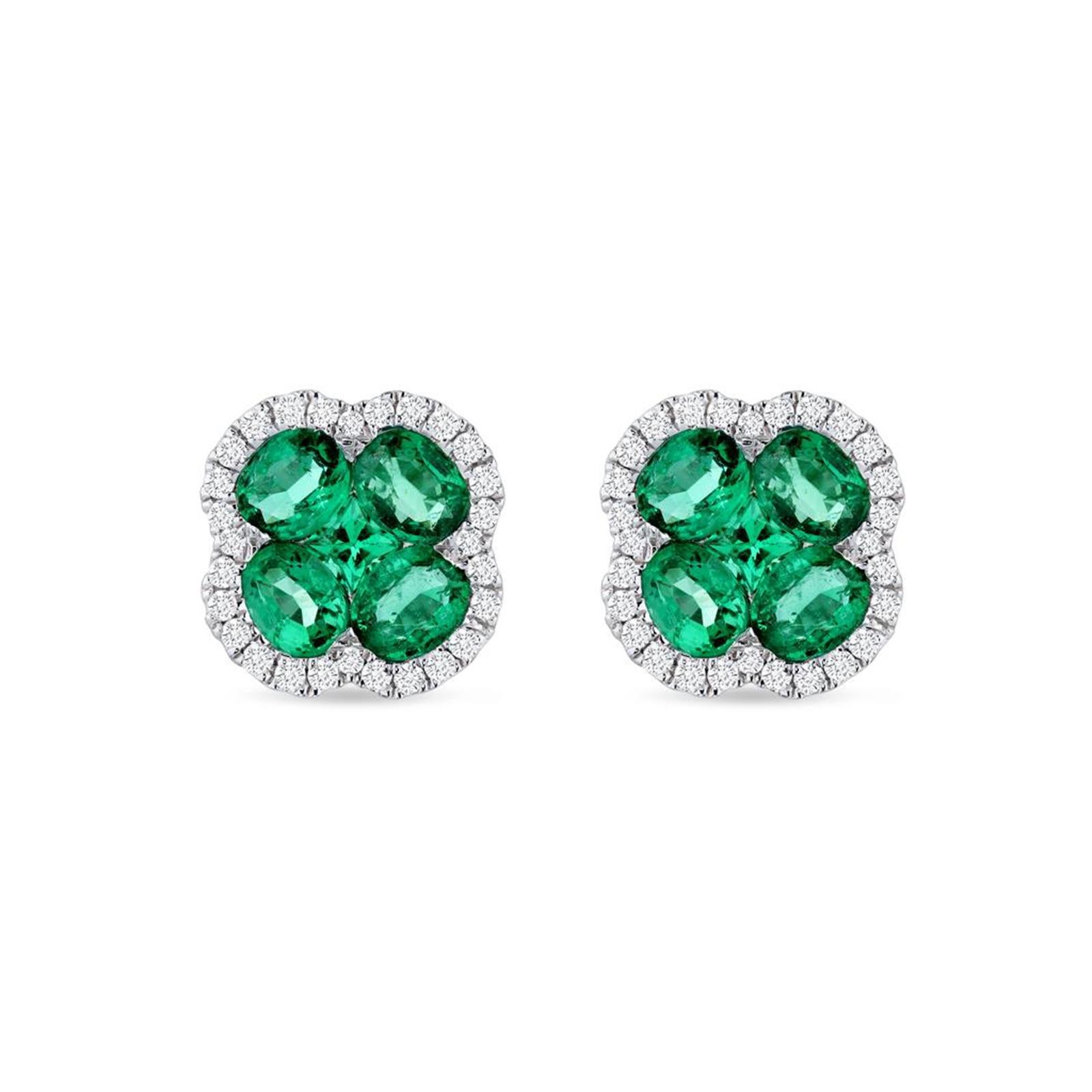 Round Cut 2.97CT Natural Emerald 0.52CT Diamonds 18K Gold Stud Four Leaf Clover Earrings