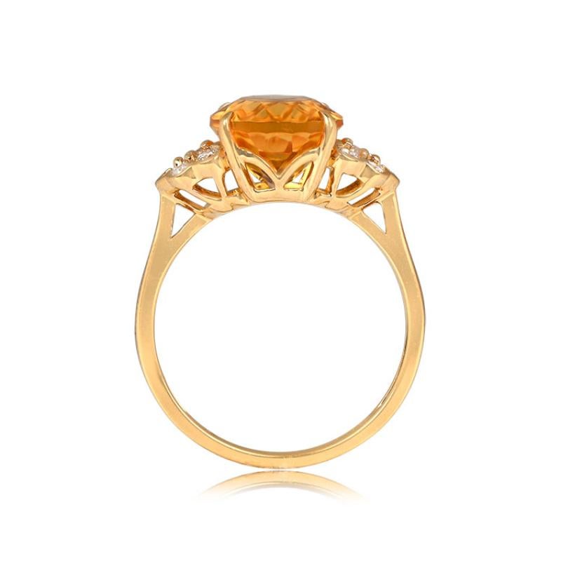 A stunning gemstone ring with a center natural oval-cut citrine weighing about 2.97 carats: the shoulders feature clusters of round brilliant cut diamonds. Hand-crafted in 18k yellow gold.


Ring Size: 6.5 US, Resizable
Metal: Gold, Yellow
