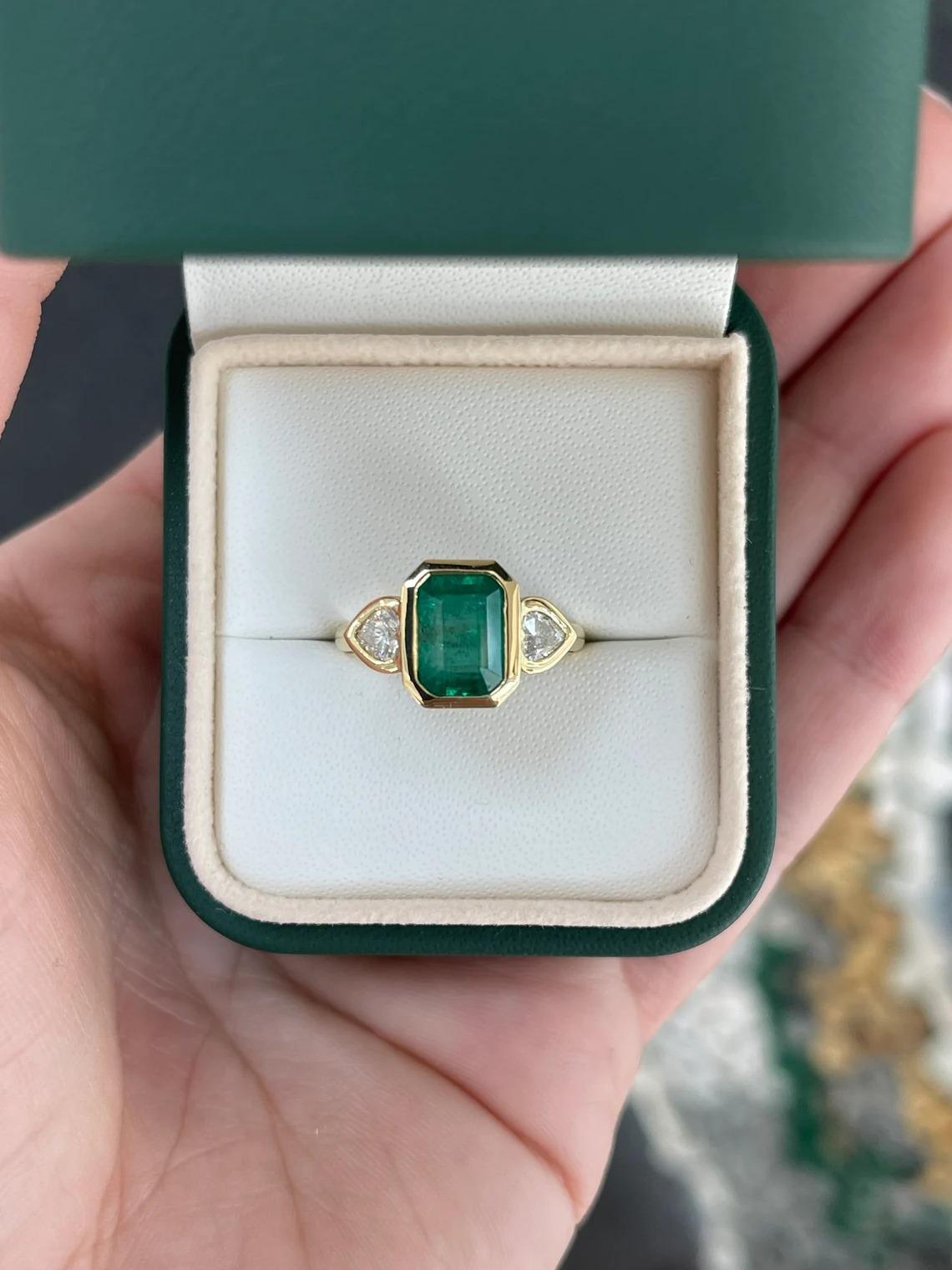 2.97tcw 18K Rich Alpine Green Emerald Cut Emerald & Heart Diamond Bezel 3 Stone For Sale 1