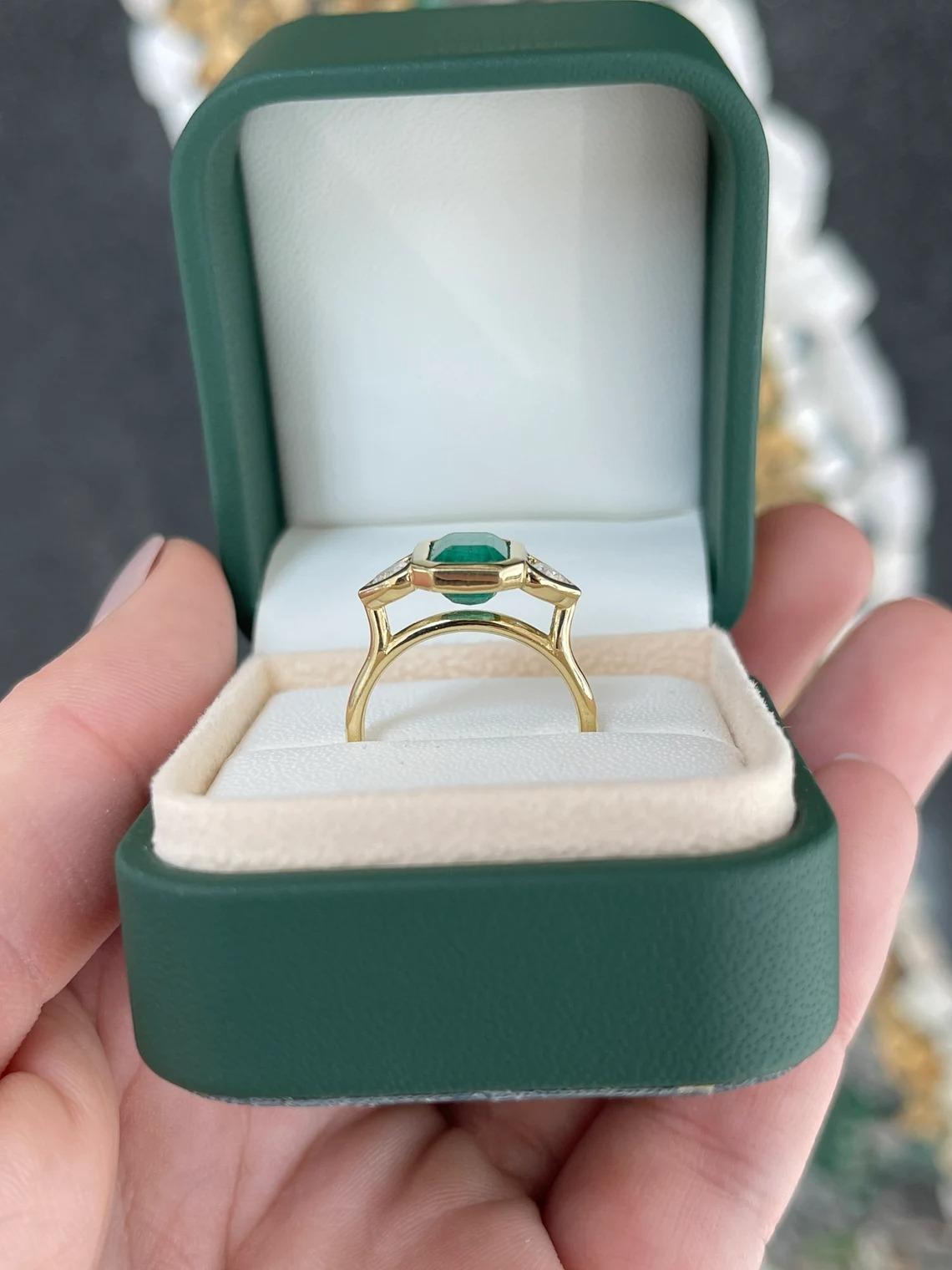 2.97tcw 18K Rich Alpine Green Emerald Cut Emerald & Heart Diamond Bezel 3 Stone For Sale 3