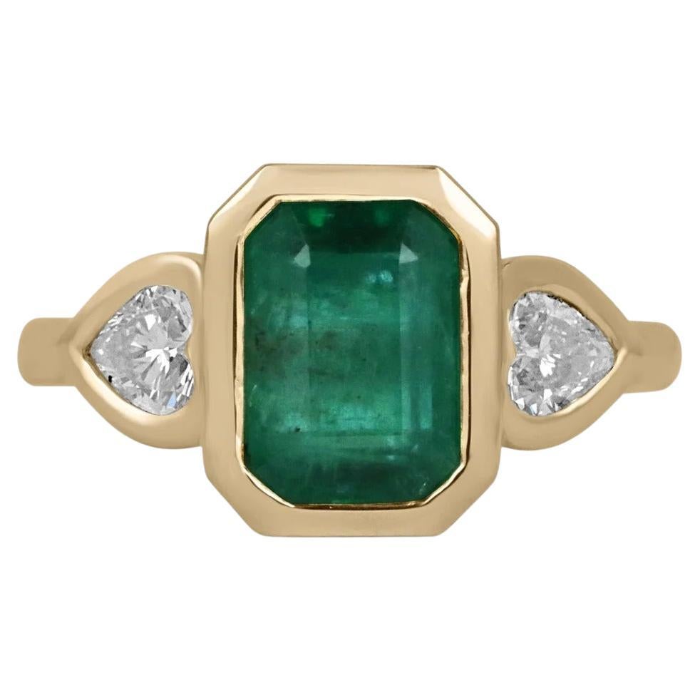 2.97tcw 18K Rich Alpine Green Emerald Cut Emerald & Heart Diamond Bezel 3 Stone For Sale