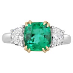2.97tcw 18K Three Stone Colombian Emerald-Cushion Cut & Diamond Half Moons Ring
