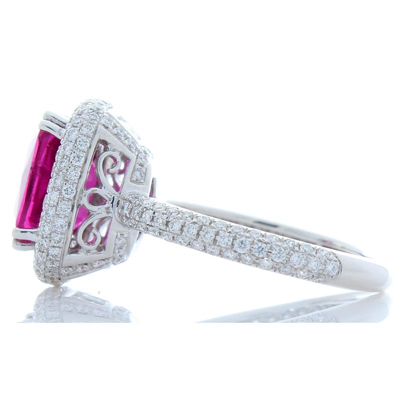 Contemporary 2.98 Carat Cushion Rubellite and Diamond Cocktail Ring in 18 Karat White Gold