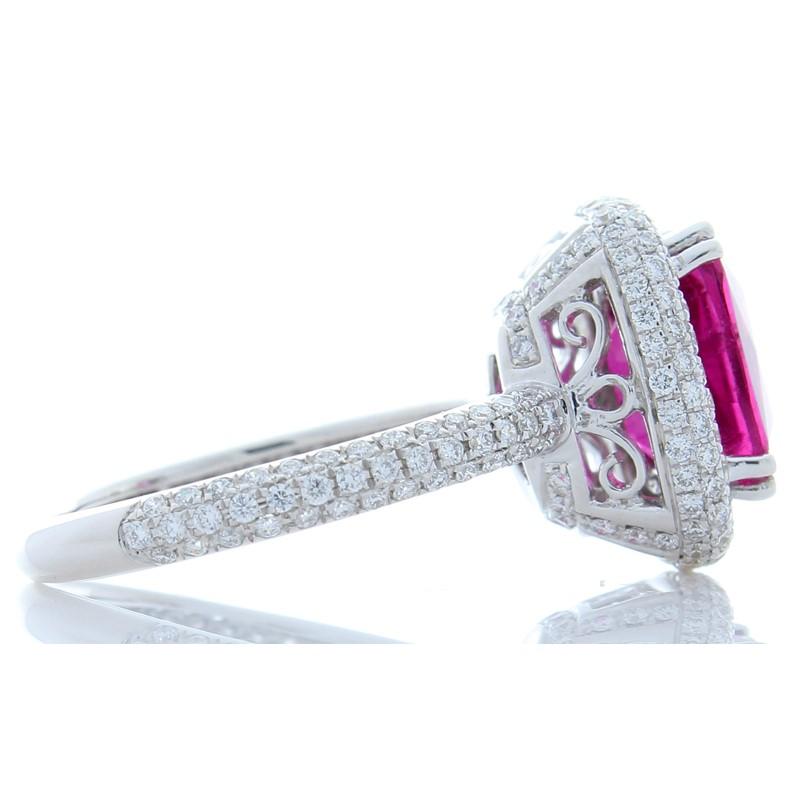 Cushion Cut 2.98 Carat Cushion Rubellite and Diamond Cocktail Ring in 18 Karat White Gold