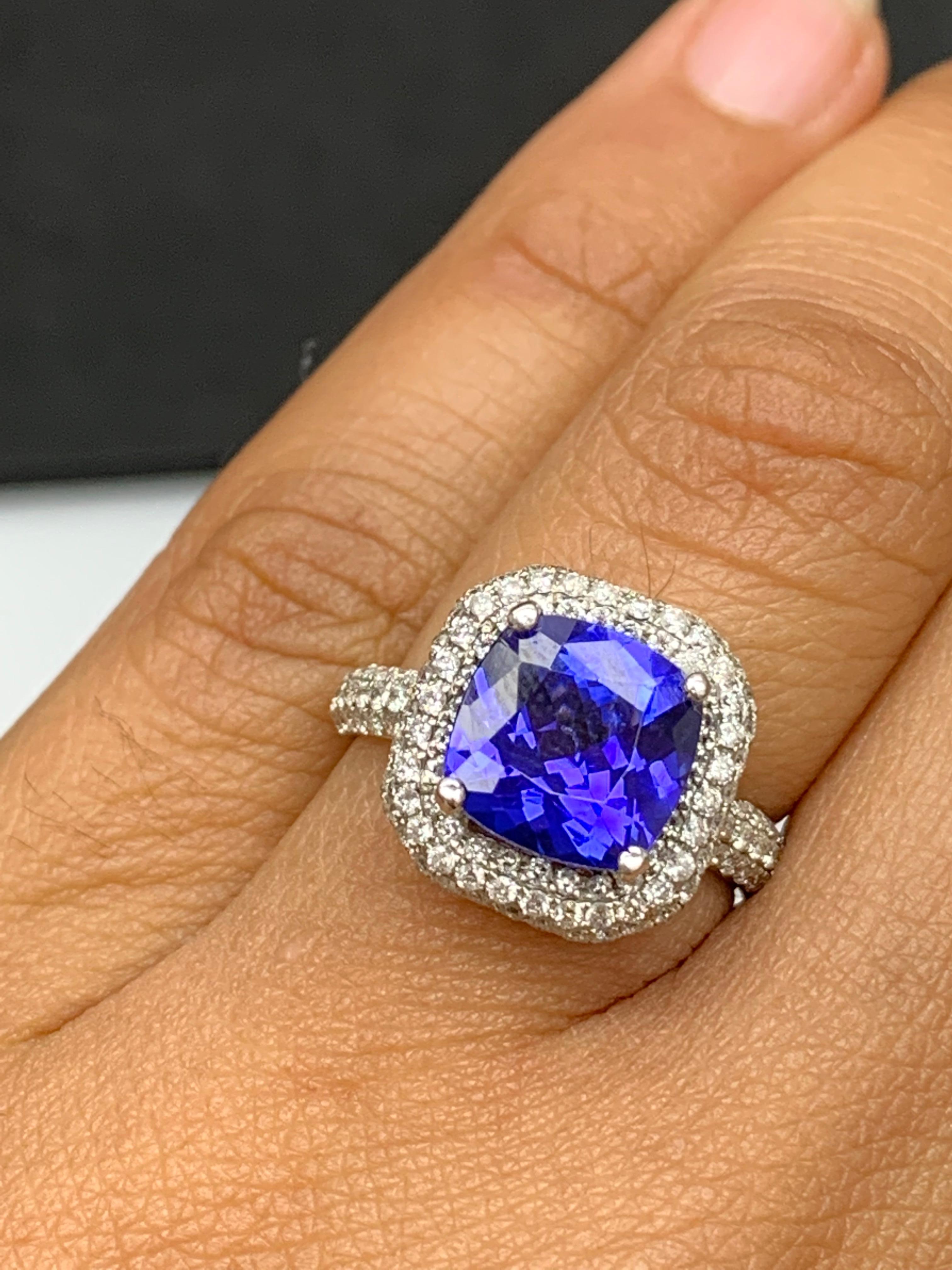 2.98 Carat Cushion Shape Tanzanite and Diamond 18K White Gold Cocktail Ring For Sale 6