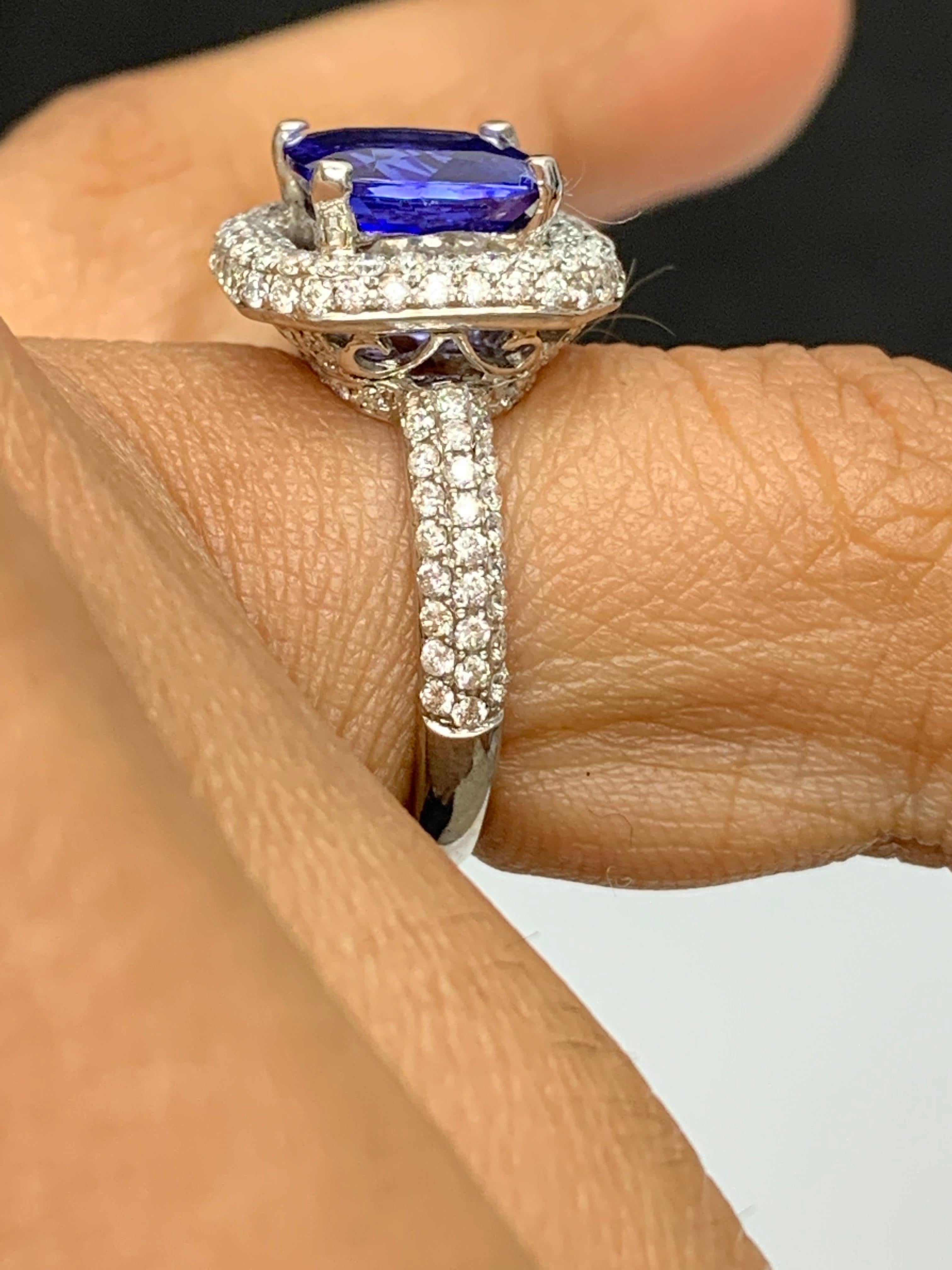 2.98 Carat Cushion Shape Tanzanite and Diamond 18K White Gold Cocktail Ring For Sale 9