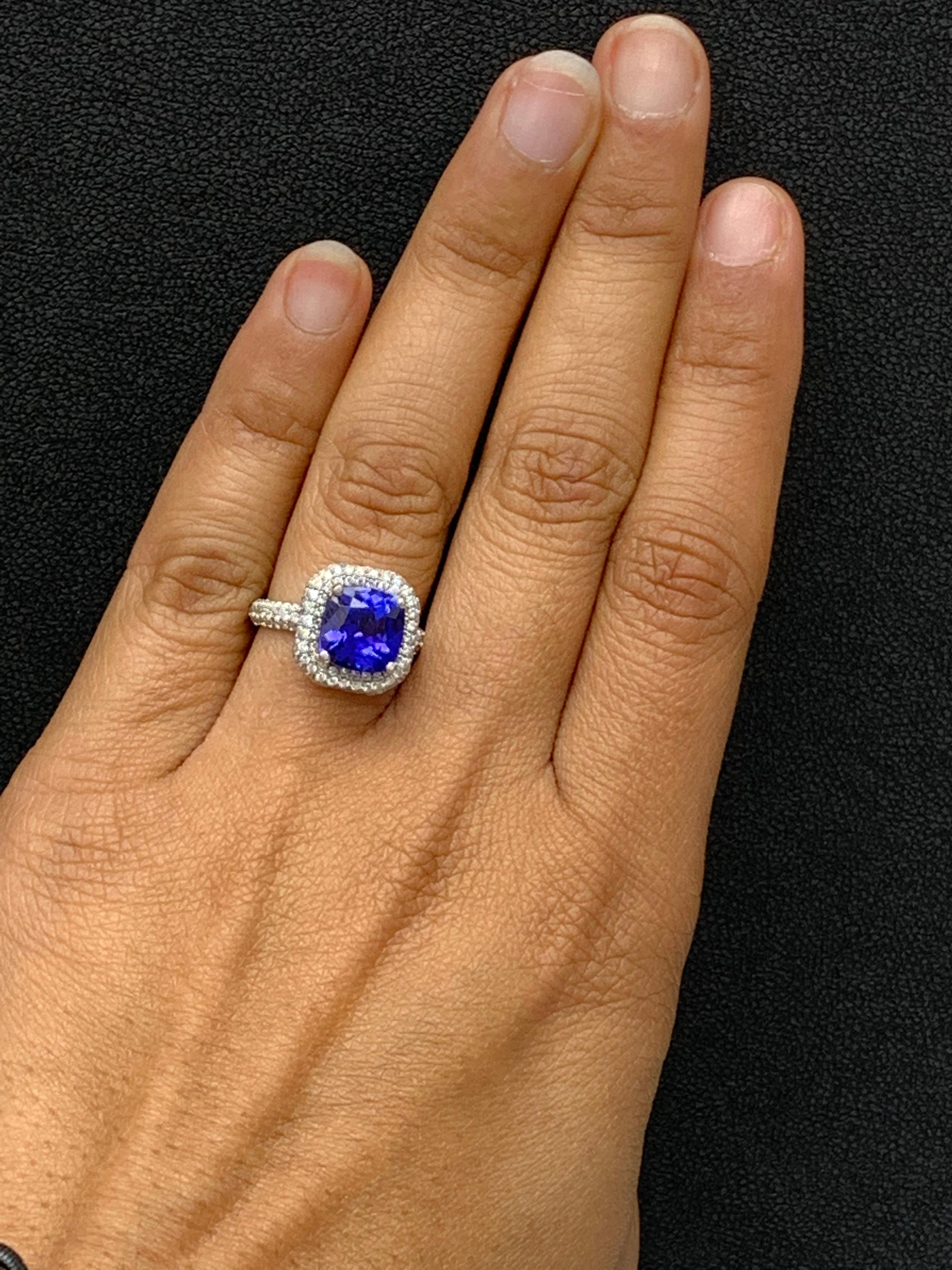 2.98 Carat Cushion Shape Tanzanite and Diamond 18K White Gold Cocktail Ring For Sale 13