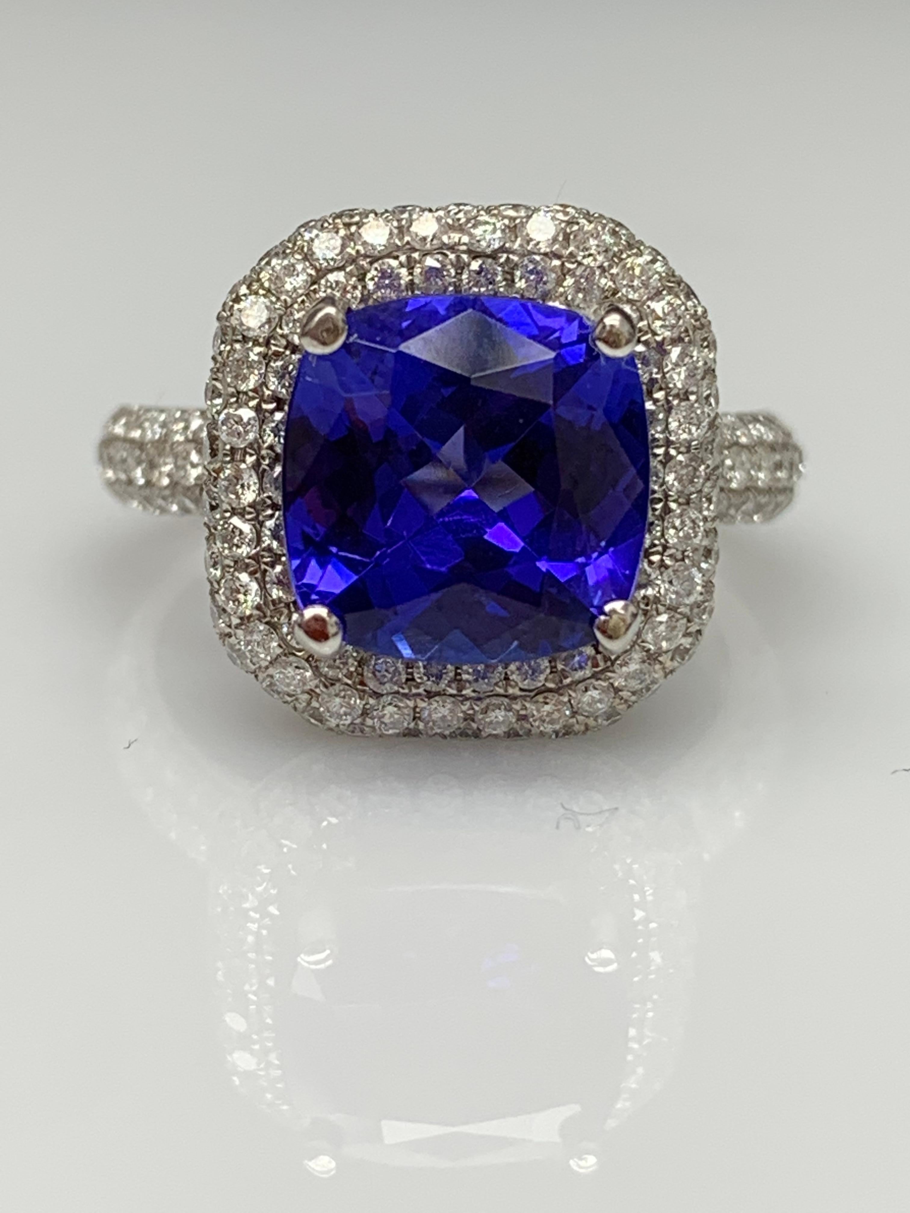 Cushion Cut 2.98 Carat Cushion Shape Tanzanite and Diamond 18K White Gold Cocktail Ring For Sale