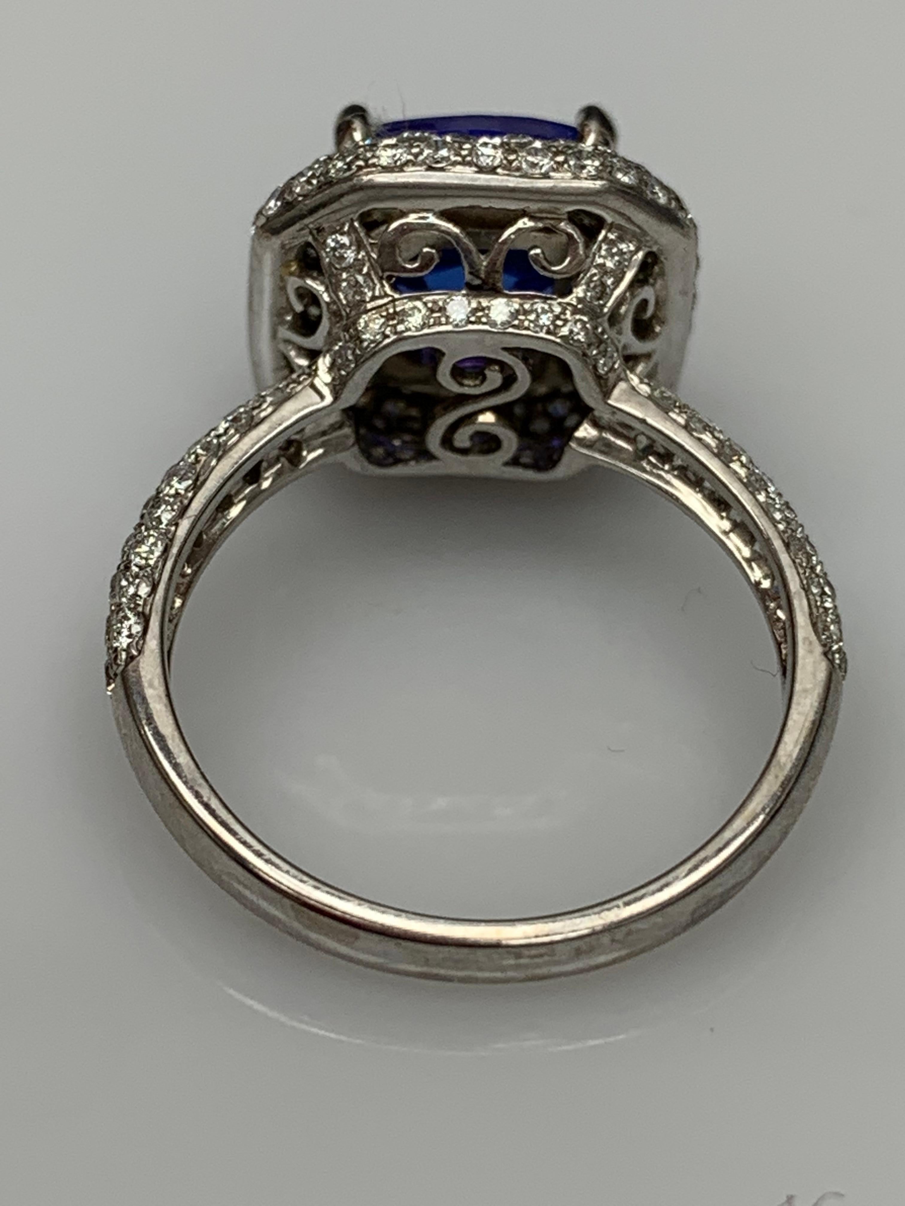 2.98 Carat Cushion Shape Tanzanite and Diamond 18K White Gold Cocktail Ring For Sale 2