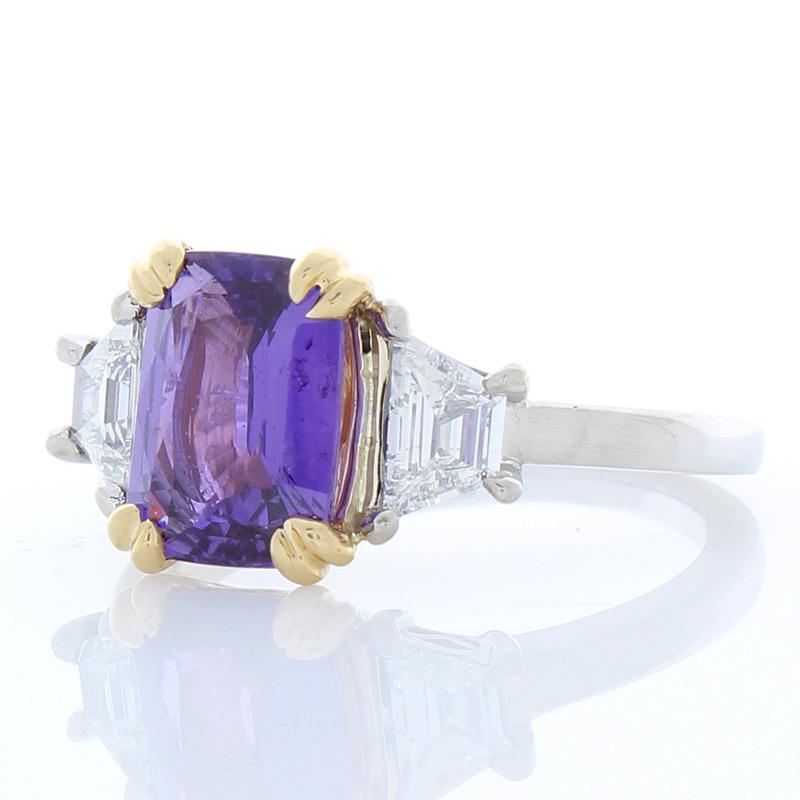 Contemporary AGL Certified 2.98 Carat Emerald Cut Purple Sapphire & Diamond Two-Tone Ring