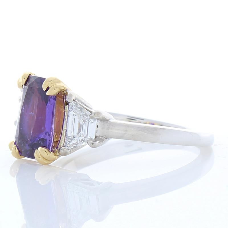 AGL Certified 2.98 Carat Emerald Cut Purple Sapphire & Diamond Two-Tone Ring In New Condition In Chicago, IL