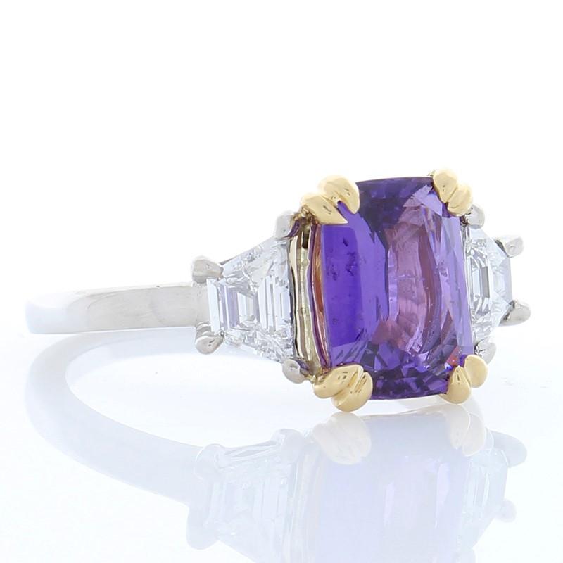 Women's AGL Certified 2.98 Carat Emerald Cut Purple Sapphire & Diamond Two-Tone Ring