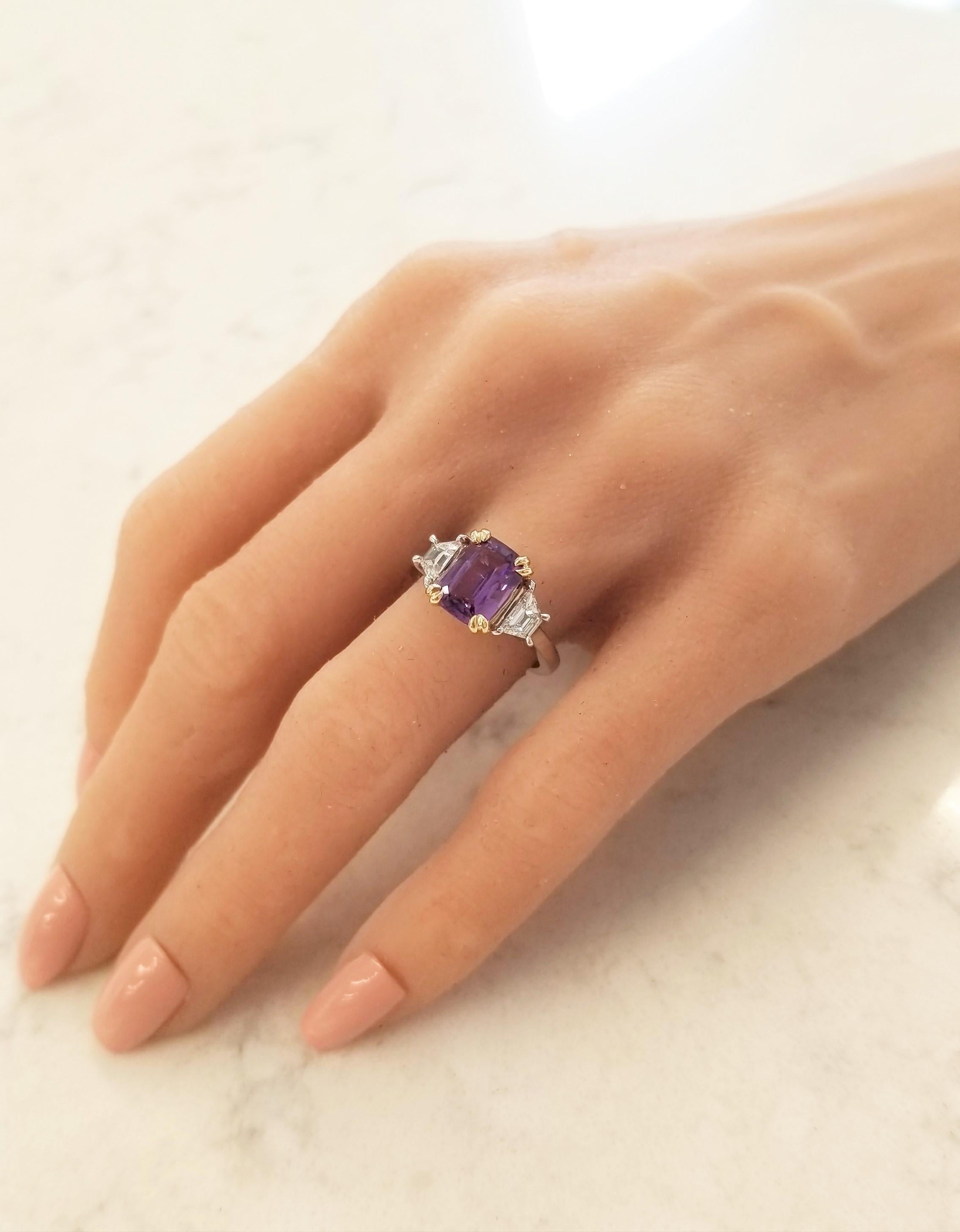 AGL Certified 2.98 Carat Emerald Cut Purple Sapphire & Diamond Two-Tone Ring 1