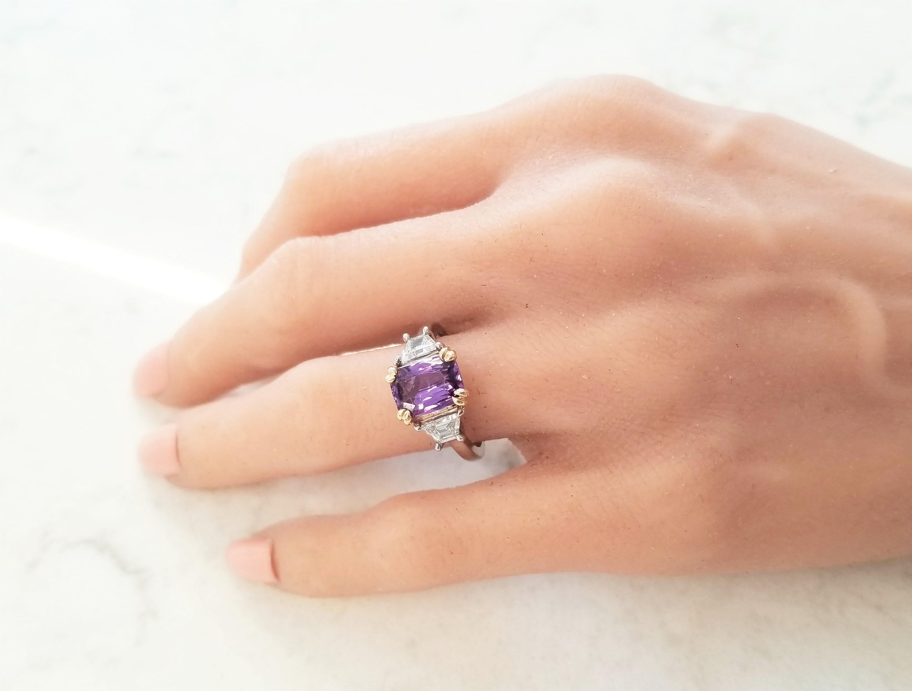 AGL Certified 2.98 Carat Emerald Cut Purple Sapphire & Diamond Two-Tone Ring 2