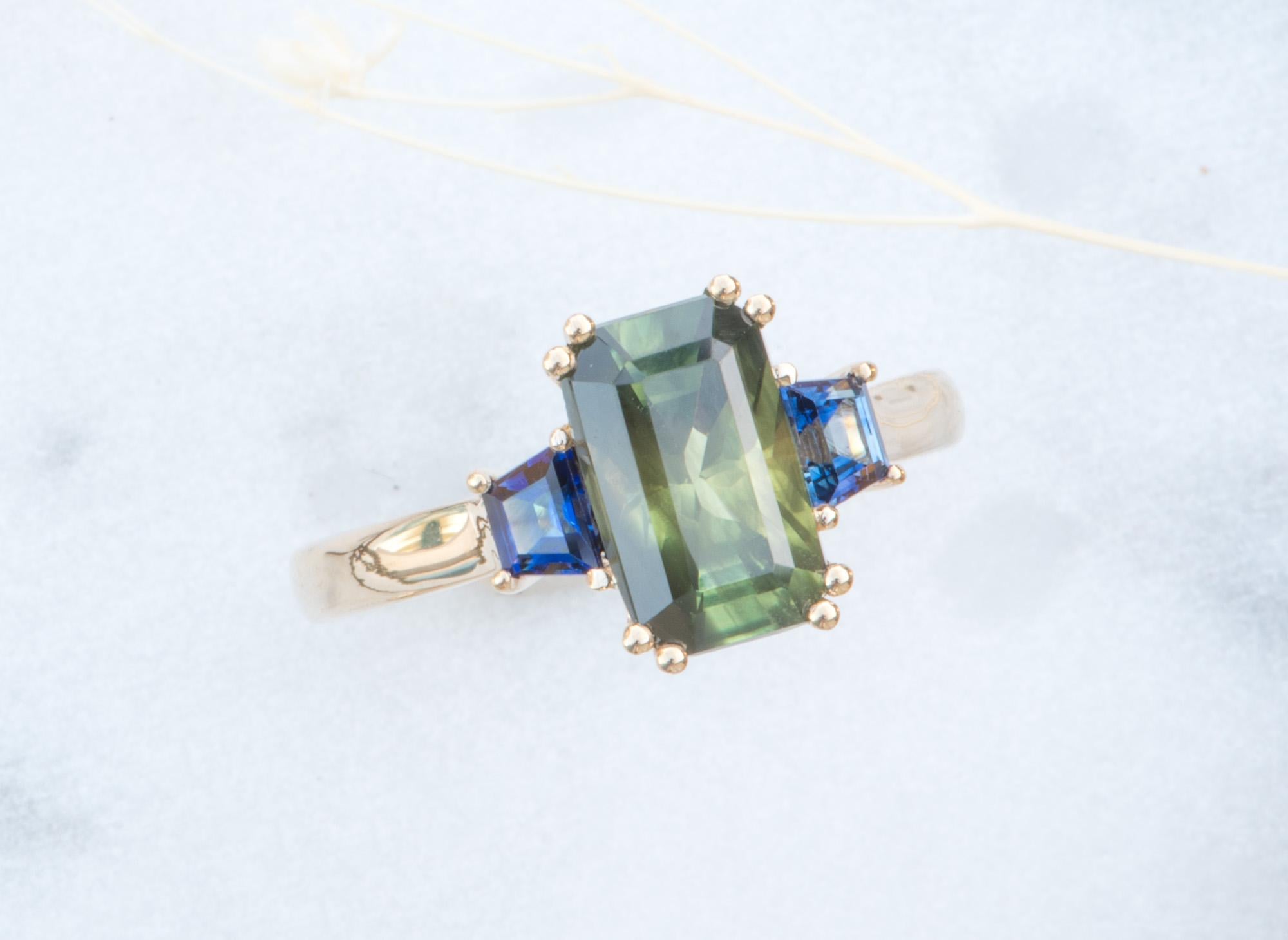 2.98 Carat Green Sapphire Ring 14 Karat Yellow Gold Statement OOAK AD1749-30 4