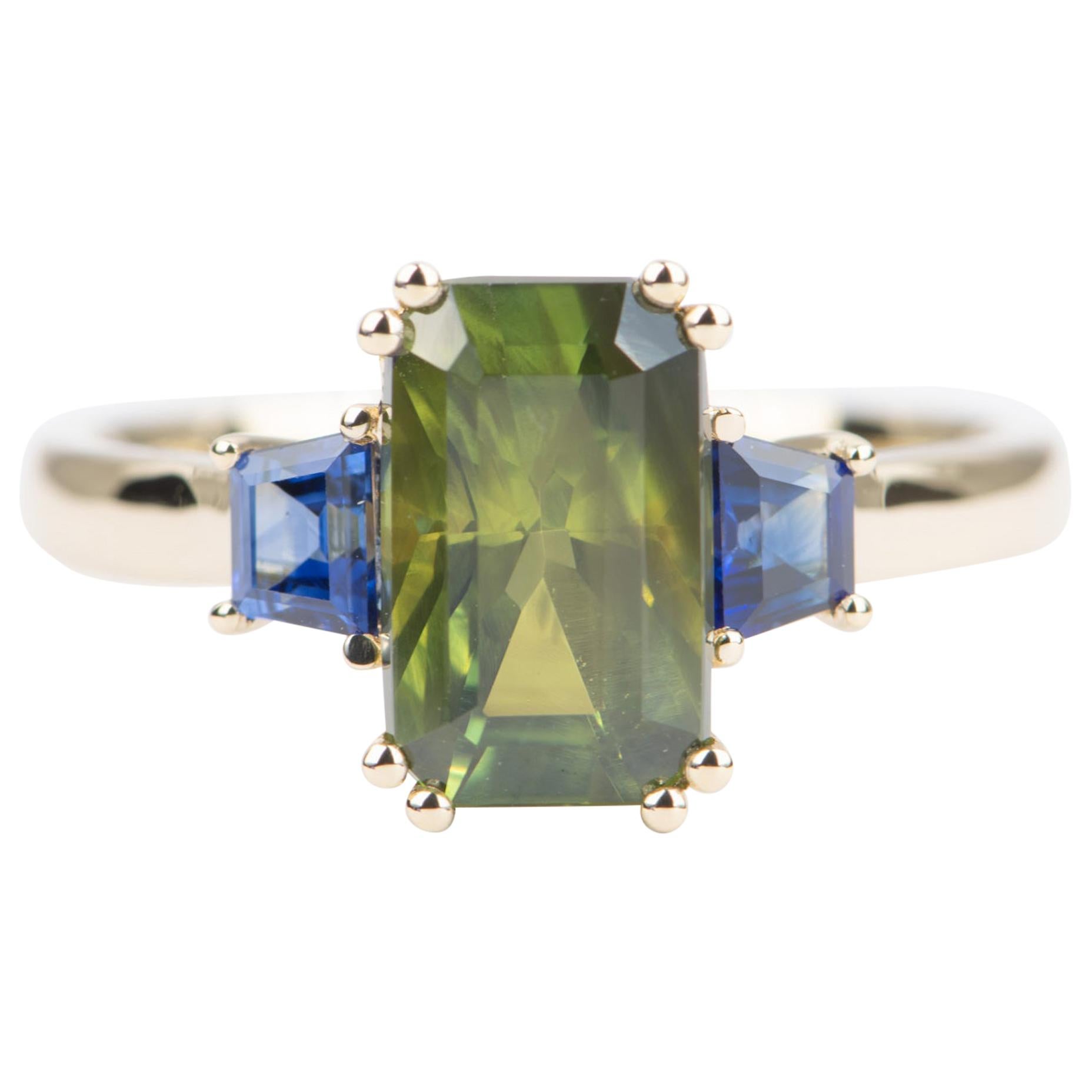 2.98 Carat Green Sapphire Ring 14 Karat Yellow Gold Statement OOAK AD1749-30
