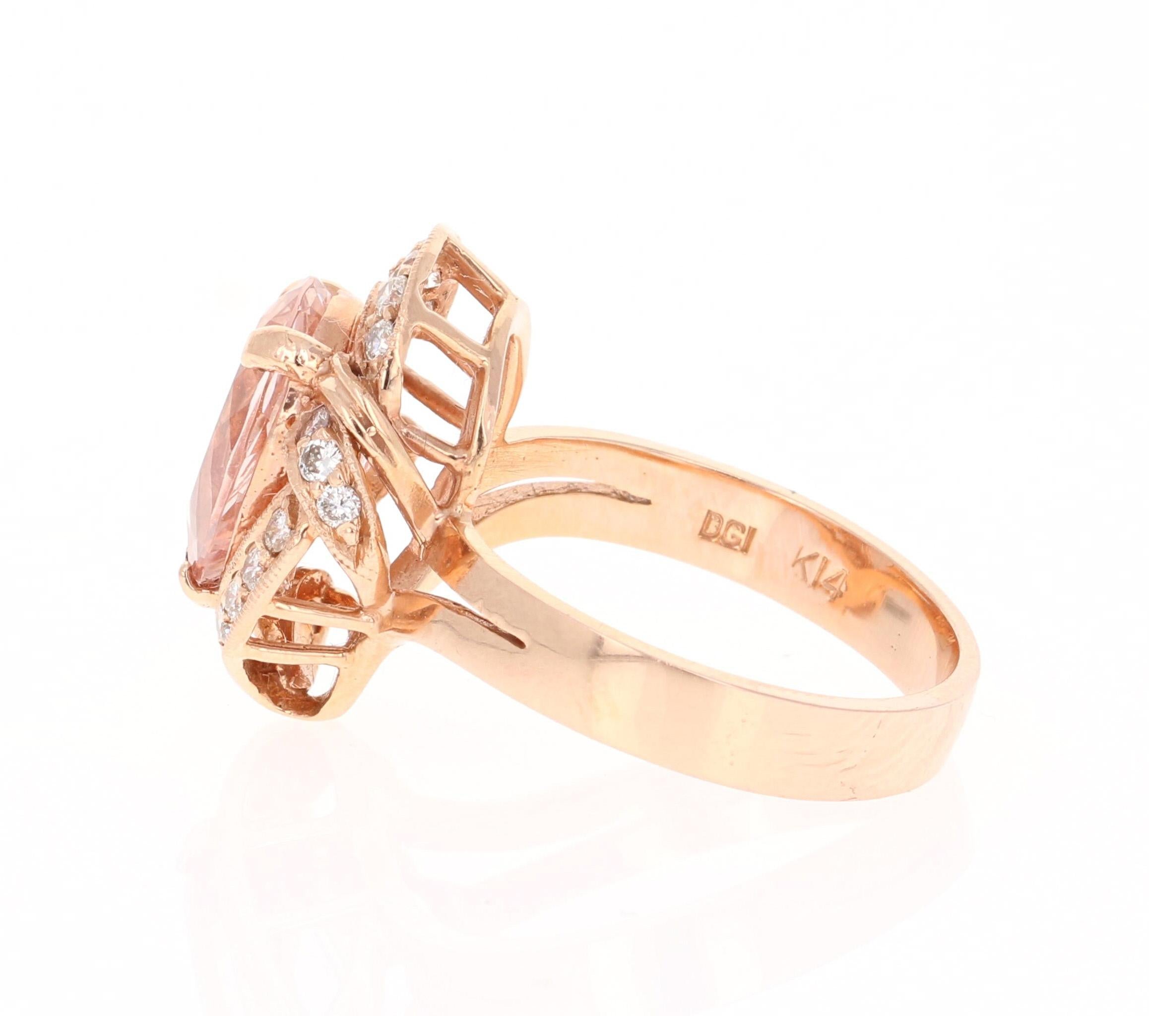 Contemporary 2.98 Carat Morganite Diamond 14 Karat Rose Gold Cocktail Ring For Sale