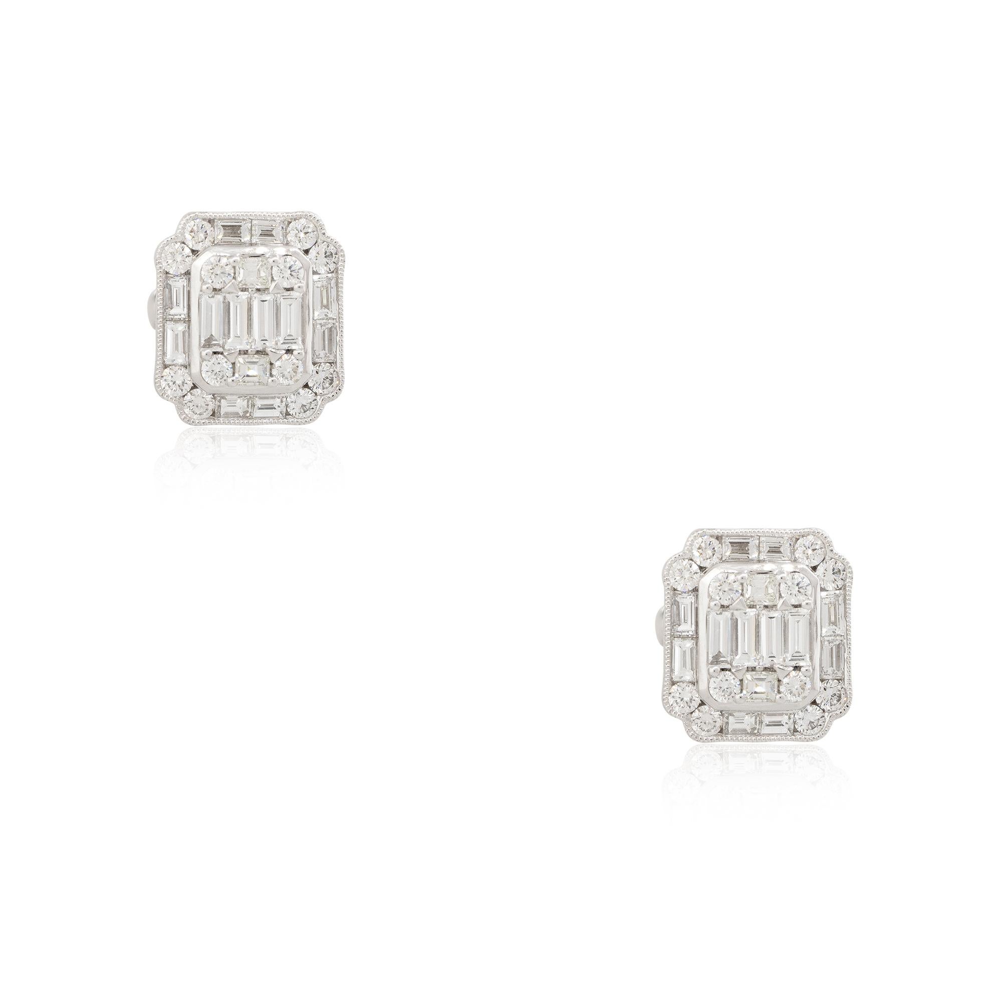 18k White Gold 2.98ctw Mosaic Diamond Square Shaped Earrings

Product: Square Diamond Mosaic Earrings
Material: 18k White Gold
Diamond Details: There are approximately 2.02 carats of Baguette cut diamonds (28 stones) and approximately 0.96 carats of