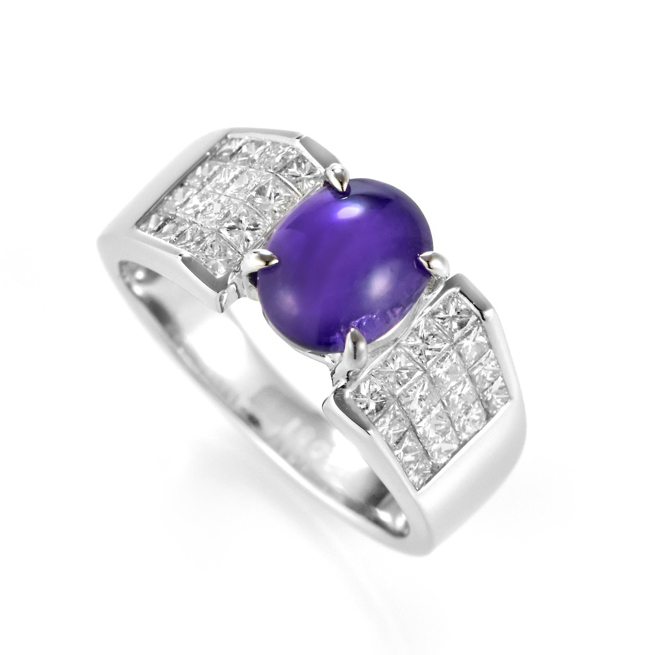 A beautiful Ring set in Platinum featuring a 2.98 Carat Natural Purple Star Sapphire and Diamonds. Sapphires have extraordinary durability - they excel in hardness as well as toughness and durability making them very popular in jewelry.