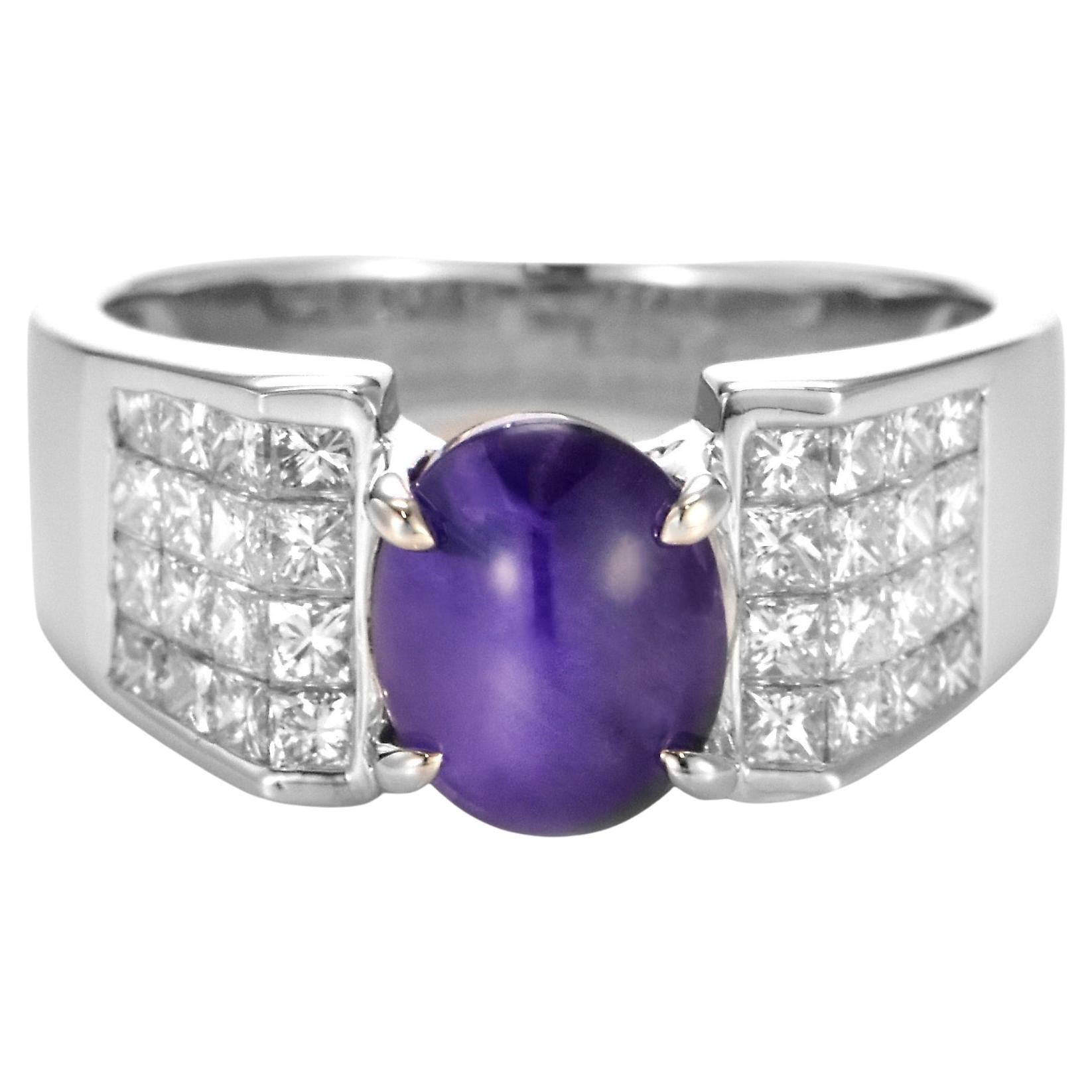 2.98 Carat Natural Purple Star Sapphire and Diamond Ring Made in Platinum