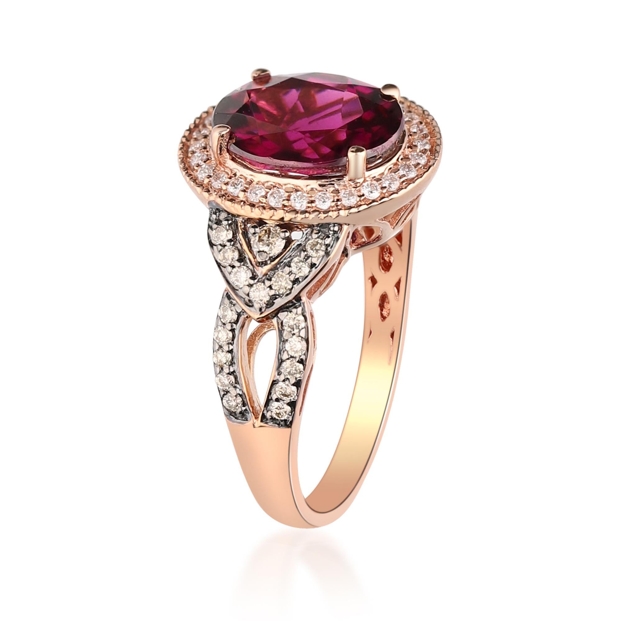 Art Deco 2.98 Carat Oval-Cut Rhodolite with Diamond Accents 14K Rose Gold Ring For Sale