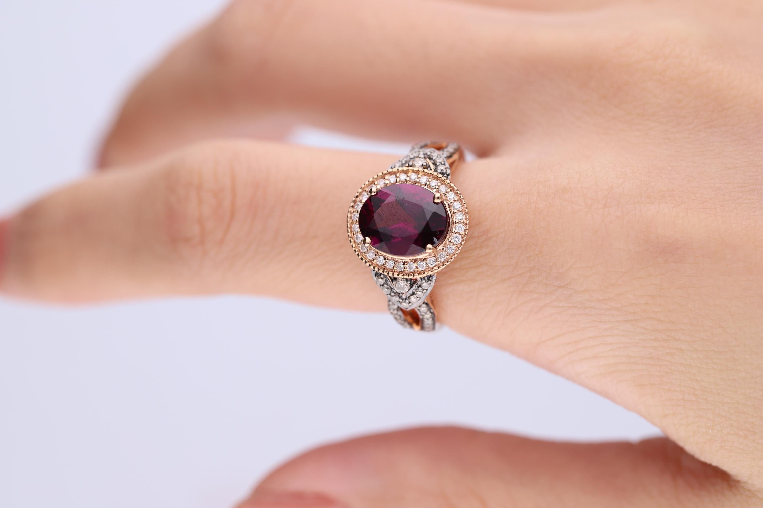 Decorate yourself in elegance with this Ring is crafted from 14-karat Rose Gold by Gin & Grace. This Ring is made up of Oval-Cut Rhodolite (1 pcs) 2.98 carat and Round-cut White Diamond (28 Pcs) 0.15 Carat, Round-cut Brown Diamond (36 pcs) 0.24