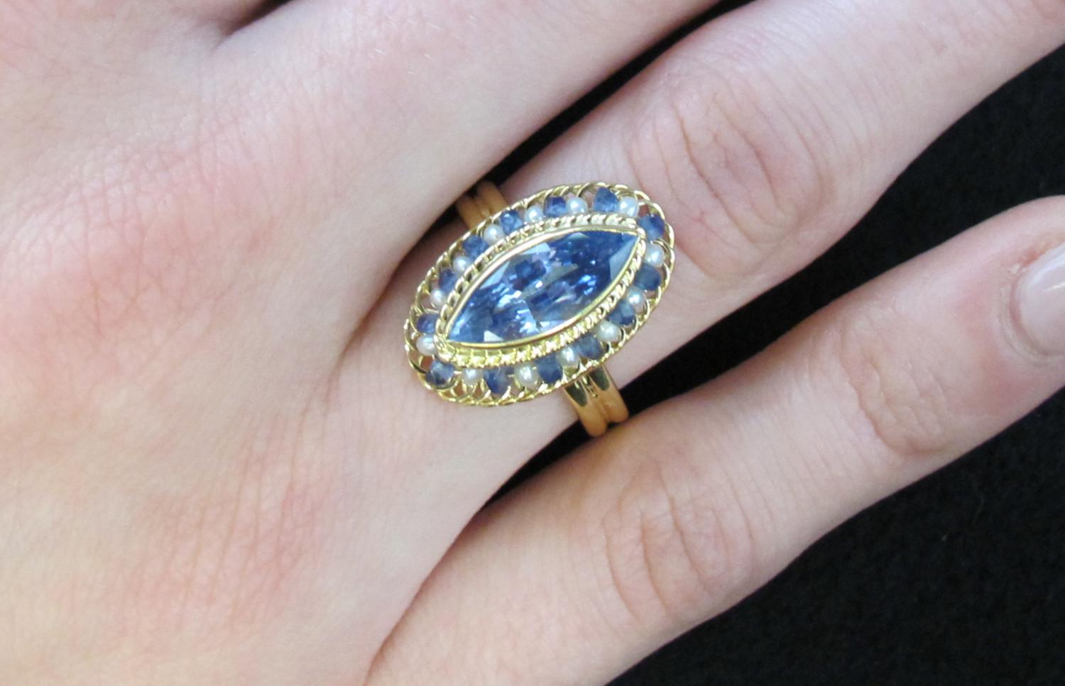 Marquise Cut  2.98 ct. Blue Sapphire Marquise, Seed Pearl, Yellow Gold Handmade Filigree Ring