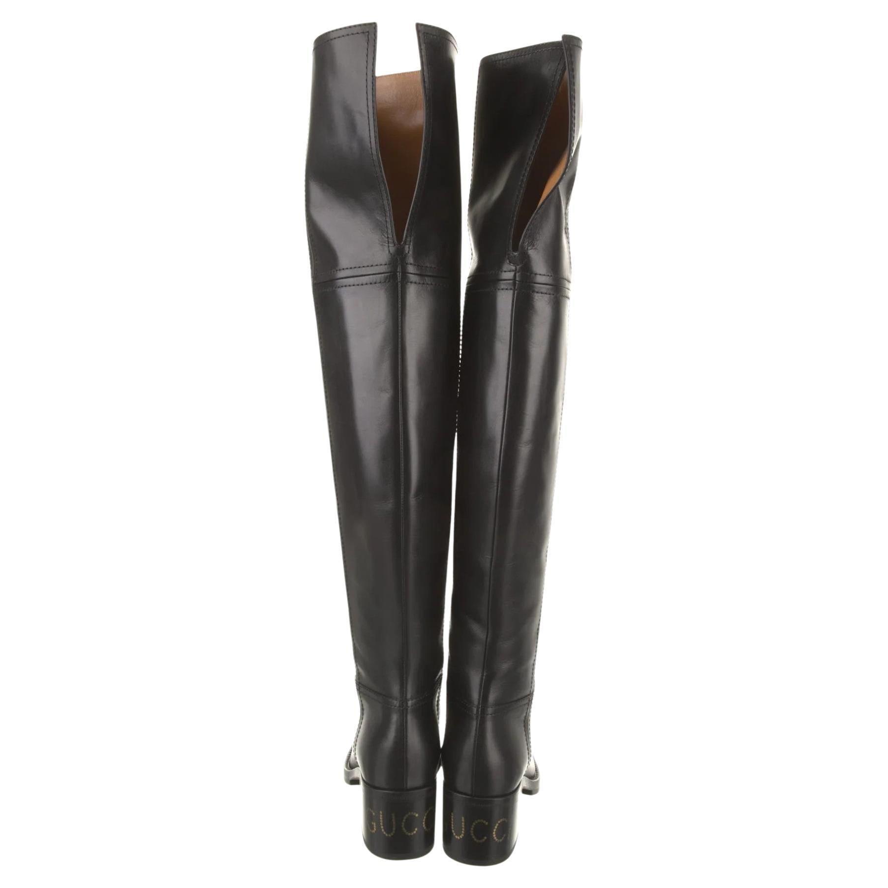 $2985 Nuevo Con Caja Gucci 2024 Sobre La Rodilla Botas De Cuero Sz 38 Negro en venta