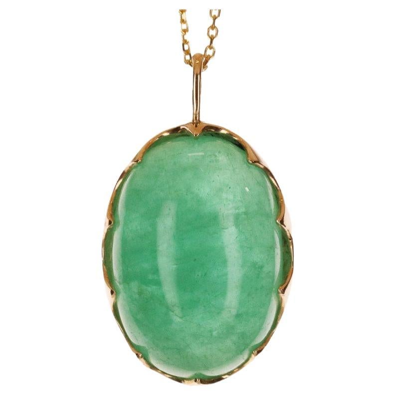 29.85cts 14K Colombian Emerald-Cabochon Solitaire Pendant Necklace For Sale