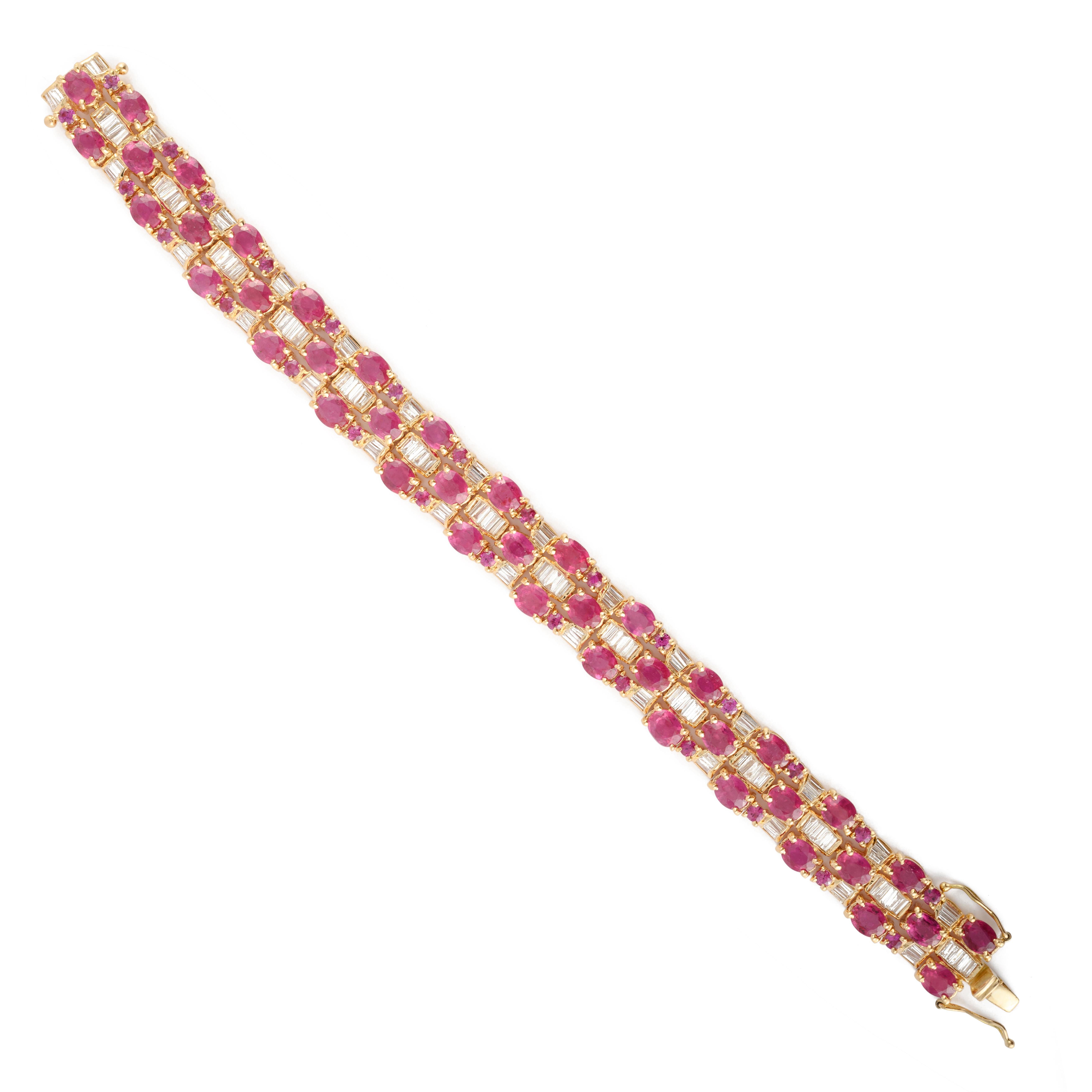 Mixed Cut 29.88 Carat Natural Ruby Art Deco Diamond Bracelet in 18k Solid Yellow Gold For Sale