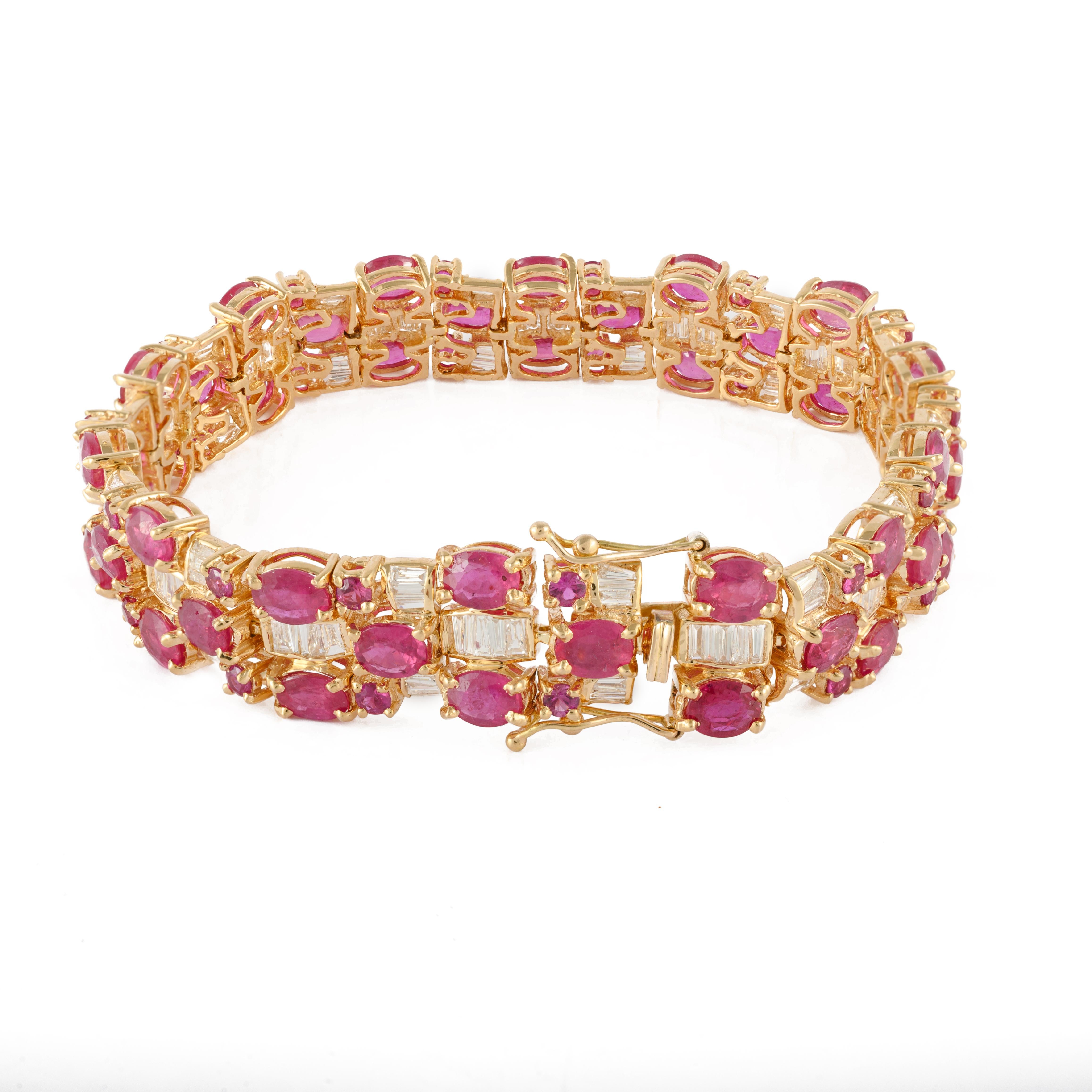 29.88 Carat Natural Ruby Art Deco Diamond Bracelet in 18k Solid Yellow Gold For Sale 2
