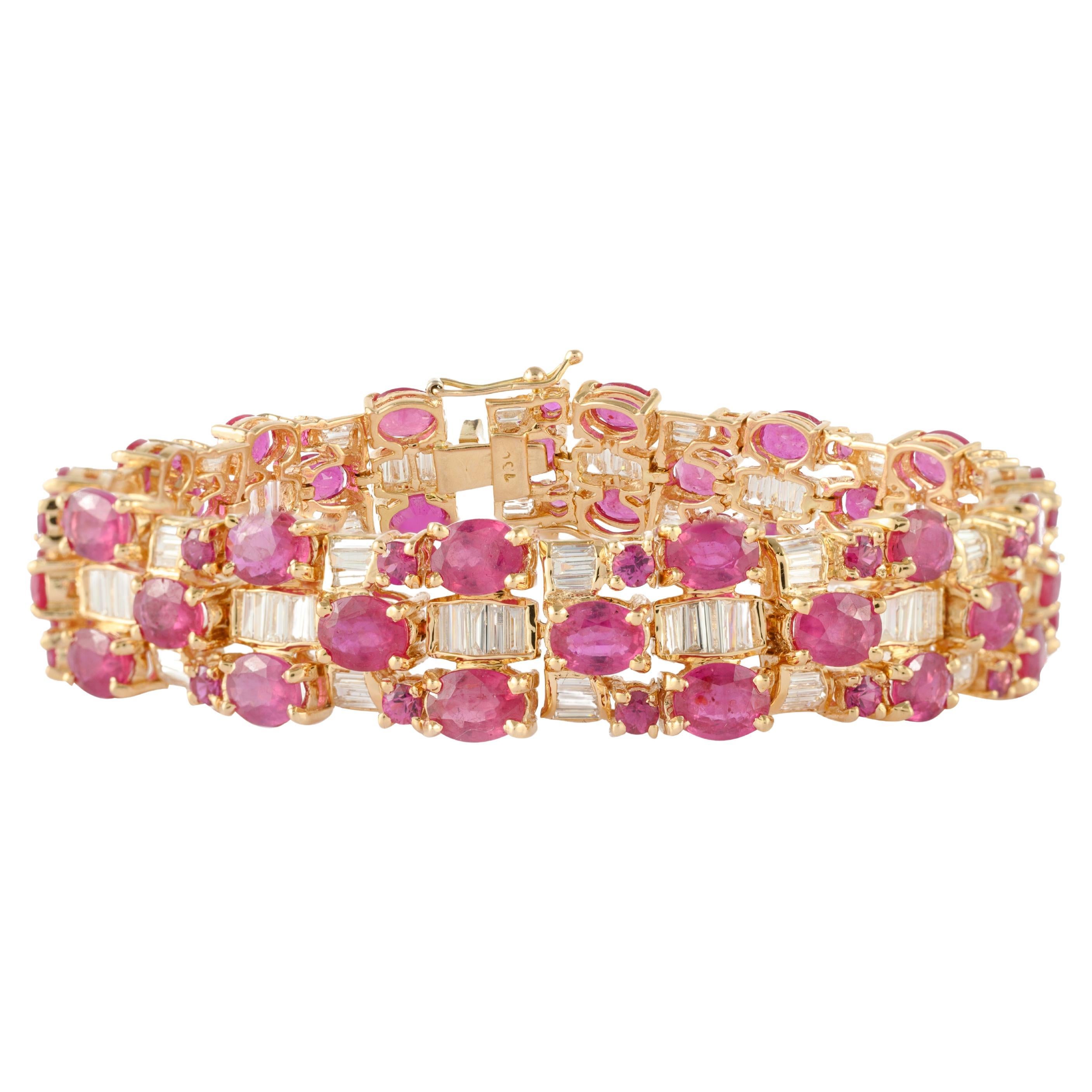 29.88 Carat Natural Ruby Art Deco Diamond Bracelet in 18k Solid Yellow Gold For Sale