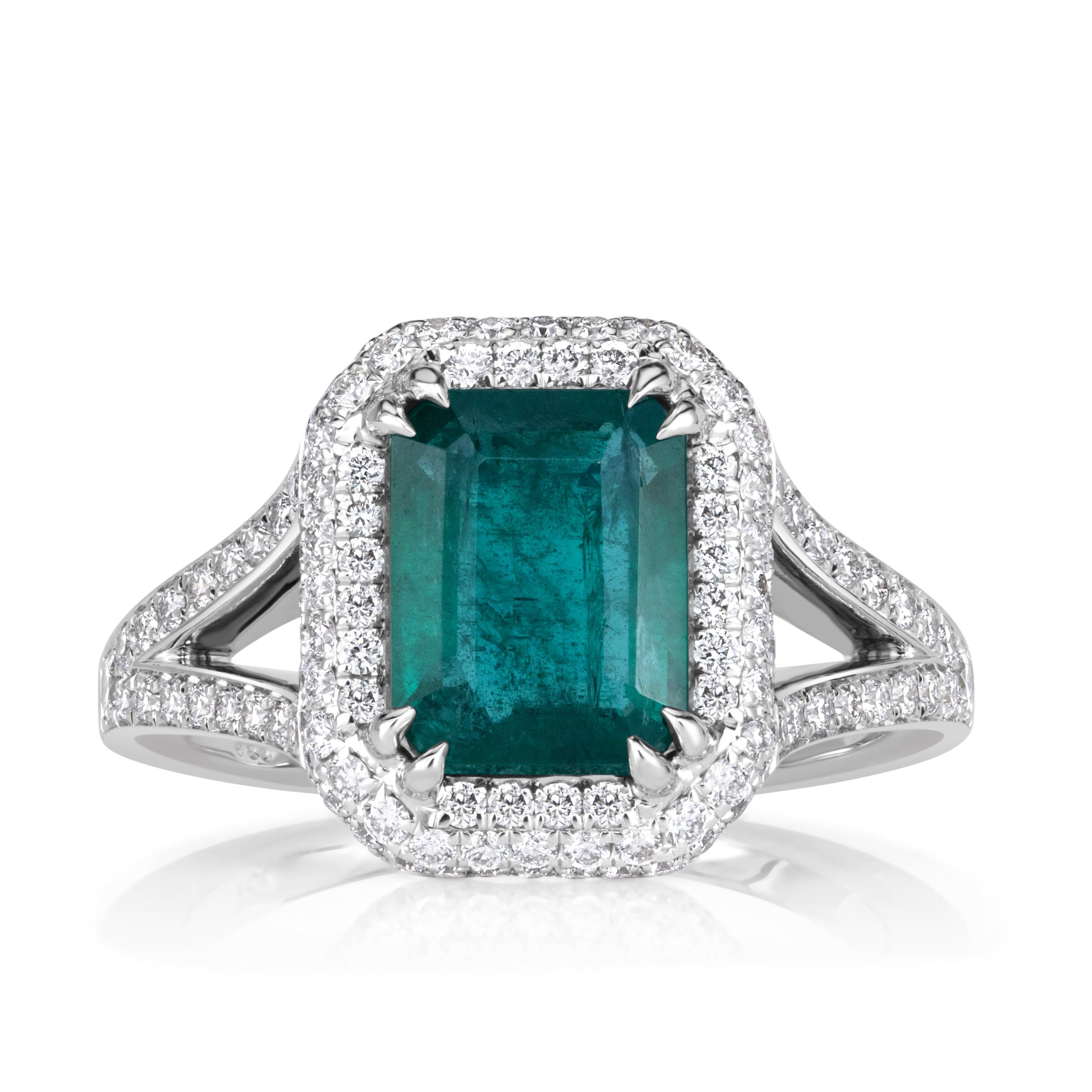 2.98ct Emerald Cut Green Emerald Engagement Ring For Sale