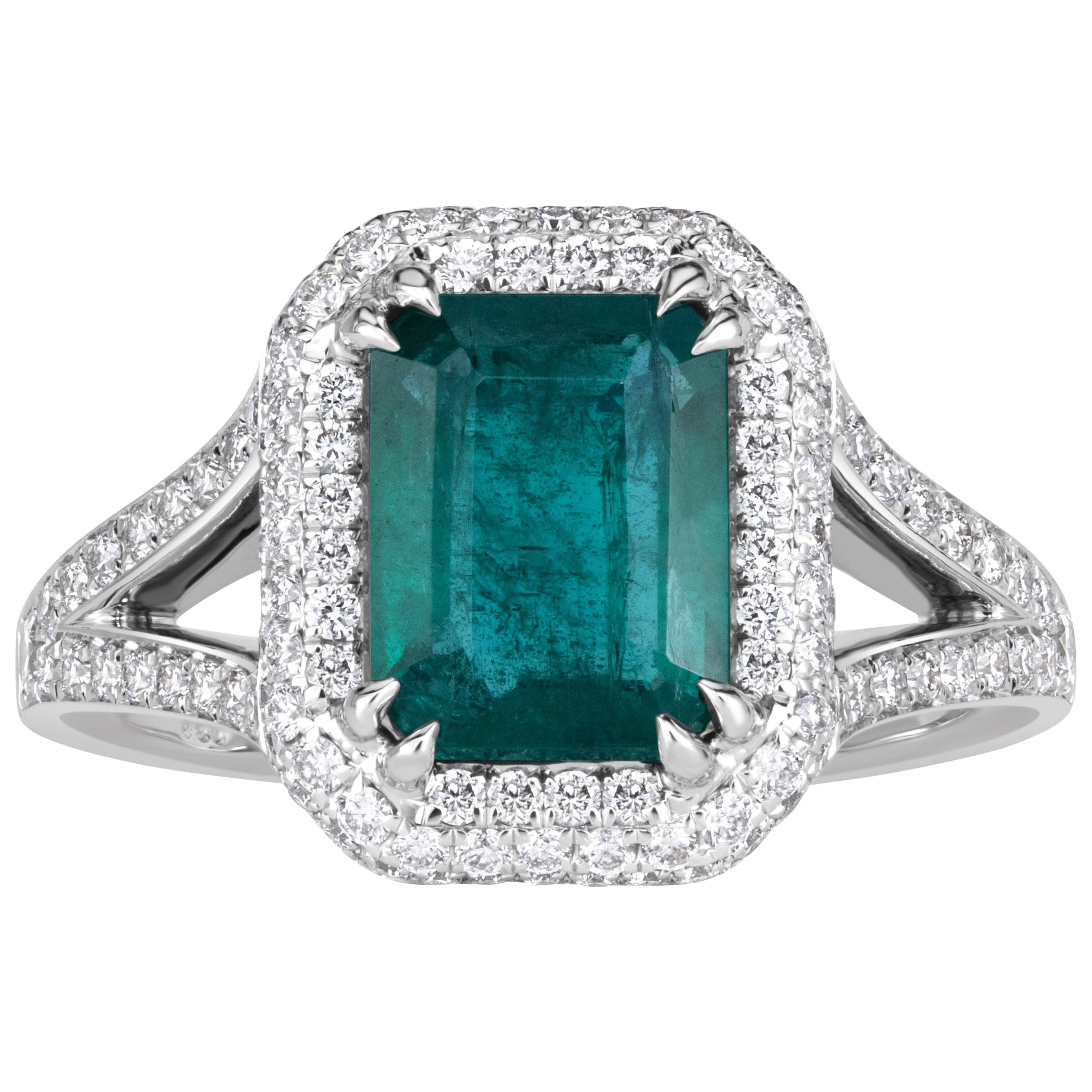 2.98ct Emerald Cut Green Emerald Engagement Ring