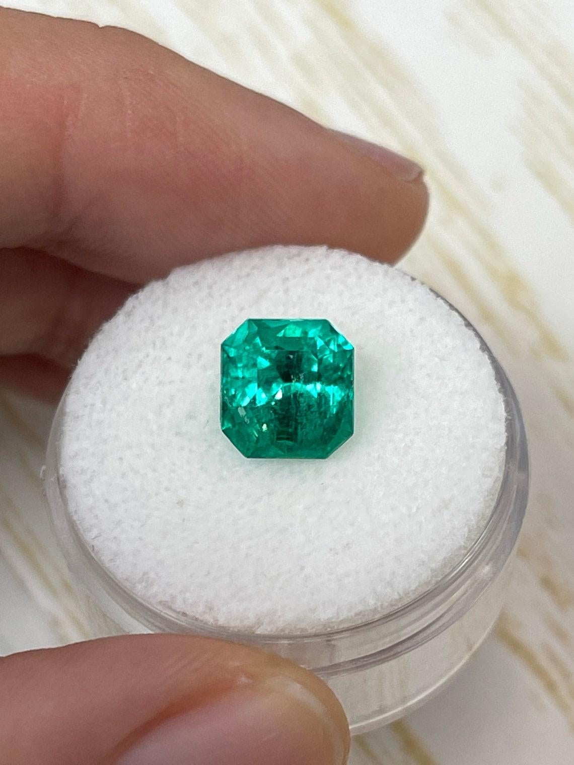 Stone: Emerald
Weight: 2.98-carats
Shape: Asscher Cut
Clarity: Transparent
Luster: Excellent
Color: Vivid Bluish Green
Measurements: 8.48mm x 8.10mm x 7.09mm
Geographic Origin: Colombia
Treatment: Natural, Moderate Oil

Comments: Due to their growth
