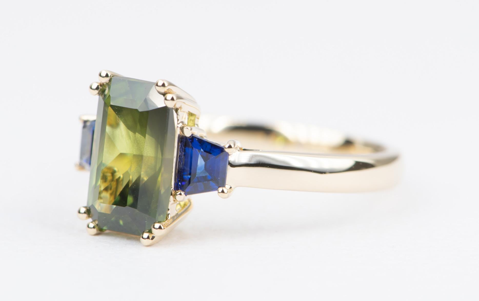 Emerald Cut 2.98 Carat Green Sapphire Ring 14 Karat Yellow Gold Statement OOAK AD1749-30
