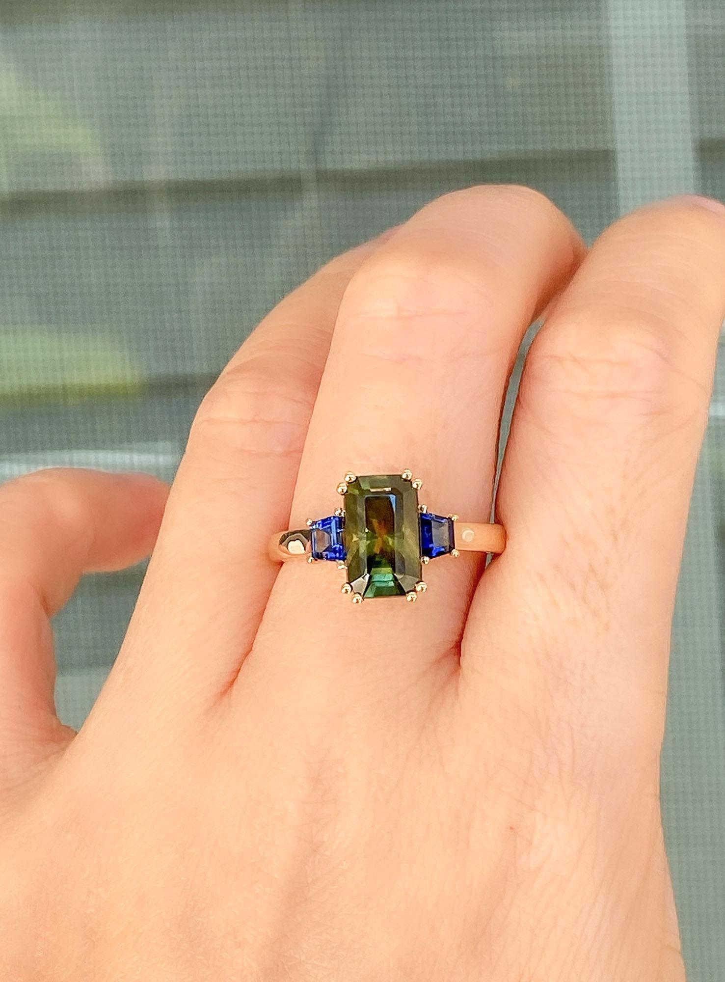 2.98 Carat Green Sapphire Ring 14 Karat Yellow Gold Statement OOAK AD1749-30 2