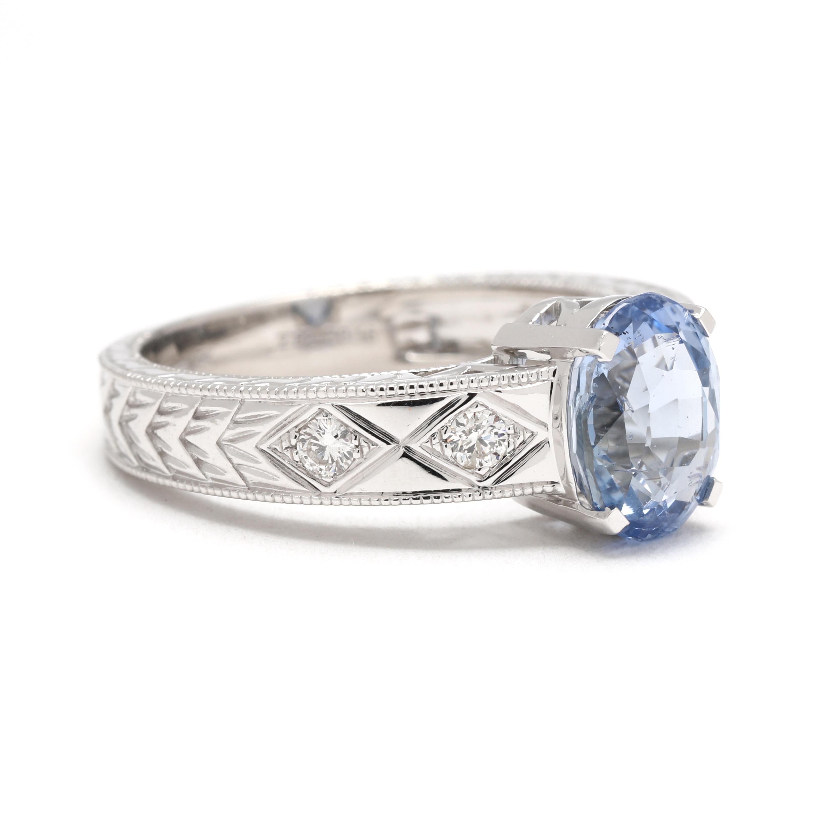 Pierres :
saphir, 1 pierre
coupe ovale
9 x 6.75 mm
environ 2,82 carats au total
diamant, 14 pierres
taille ronde brillante
2.1 mm
environ .16 carats au total
Couleur GH/ Clarté SI2-I1

Bague taille 7

Hauteur du doigt : 6.15 mm

Largeur de la bande