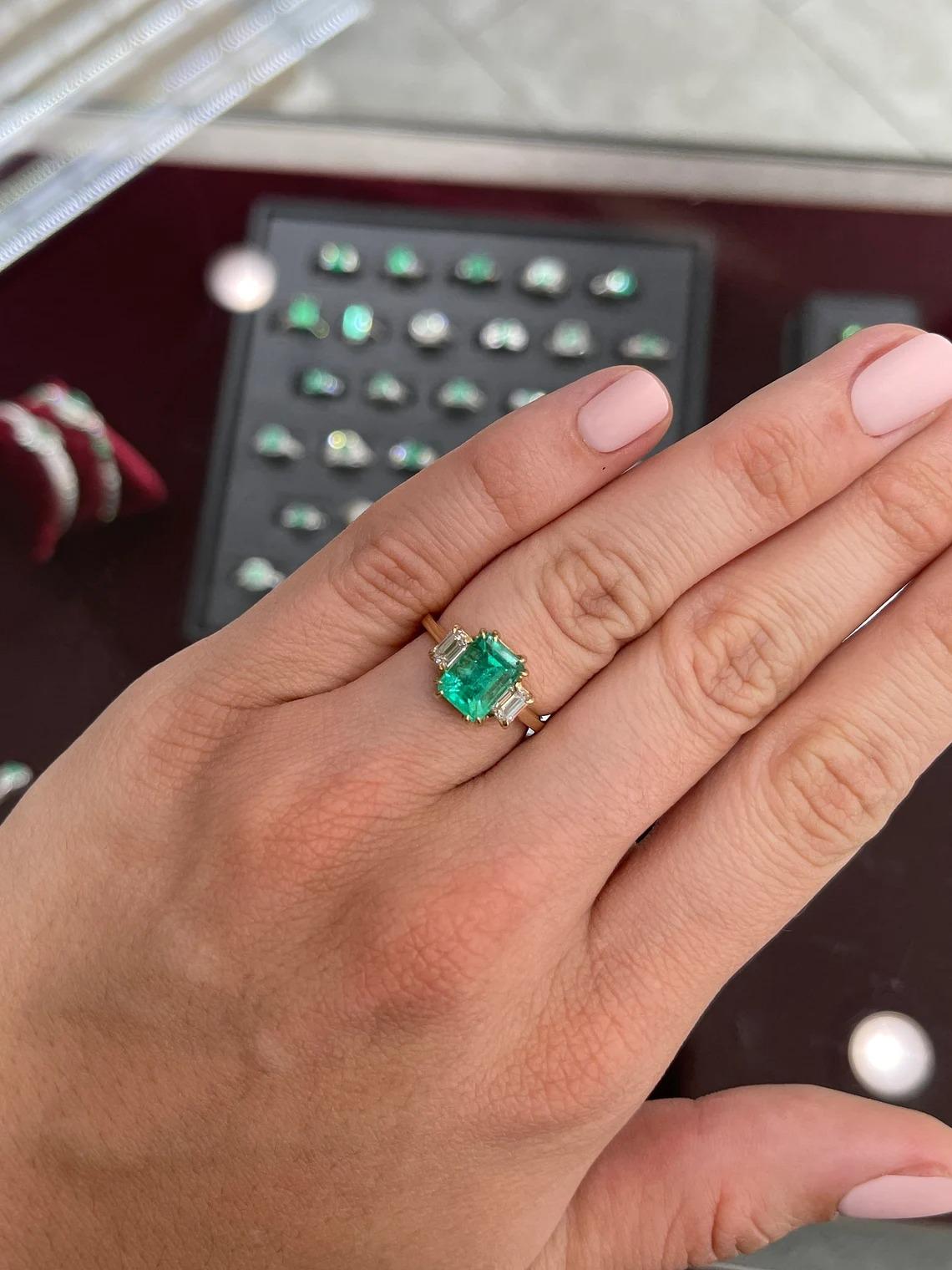 Modern 2.98tcw 14K Three Stone Natural Emerald-Emerald Cut & Diamond Emerald Cut Ring For Sale
