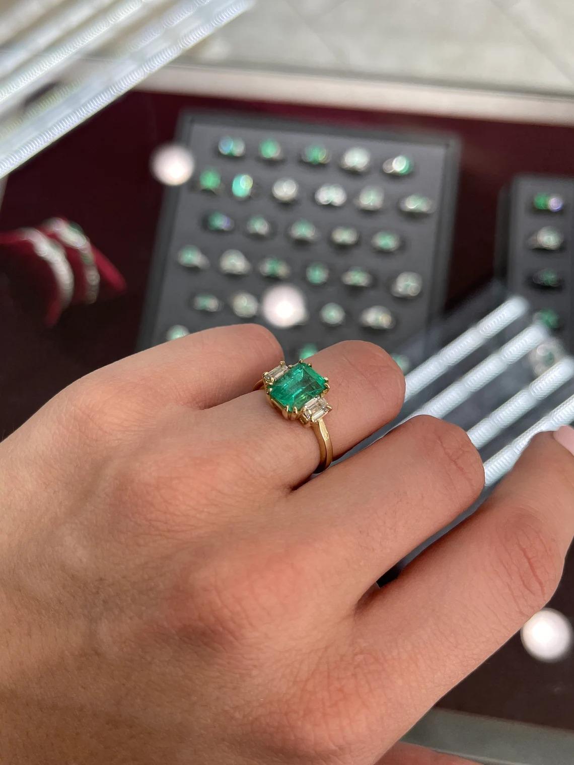 2.98tcw 14K Three Stone Natural Emerald-Emerald Cut & Diamond Emerald Cut Ring For Sale 1