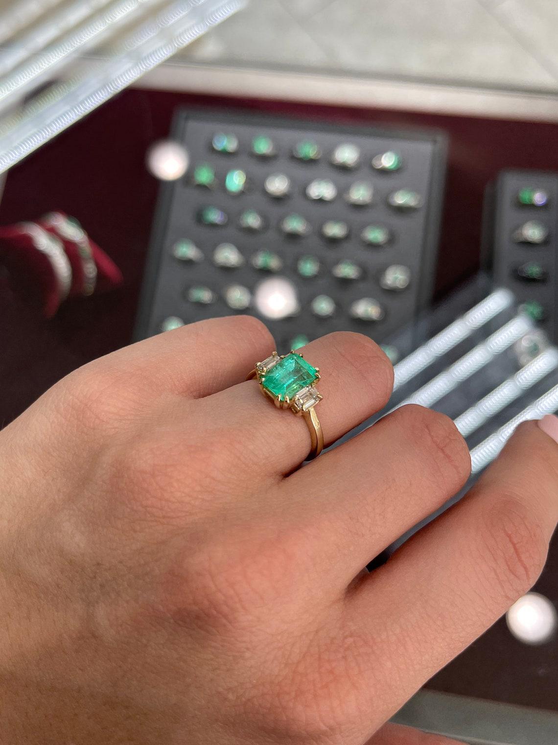 Women's 2.98tcw 14K Three Stone Natural Emerald-Emerald Cut & Diamond Emerald Cut Ring For Sale
