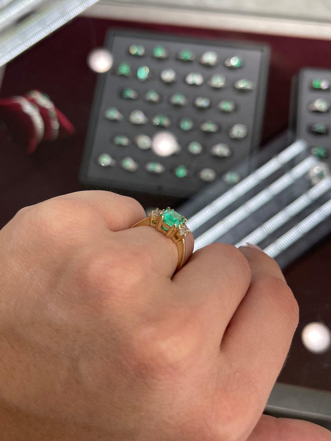 2.98tcw 14K Three Stone Natural Emerald-Emerald Cut & Diamond Emerald Cut Ring For Sale 1