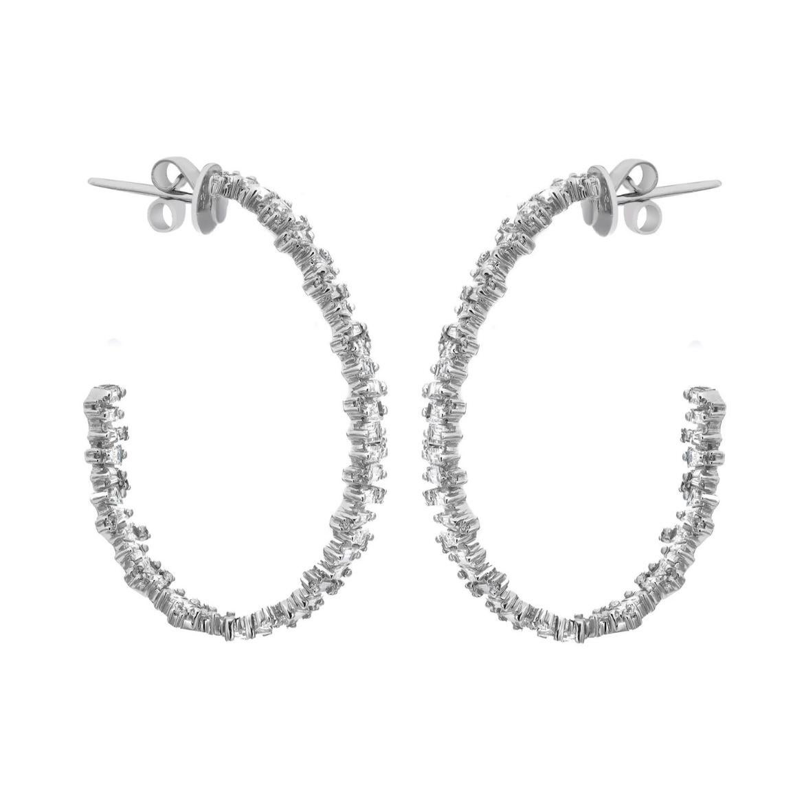Modern 2.99 Baguette and Round Cut Diamond Hoop Earrings 18K White Gold   For Sale
