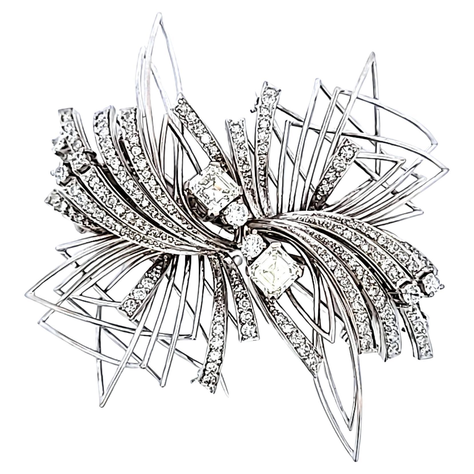 2.99 Carat Asscher Cut  and Round Brilliant Diamond 18K White Gold Brooch
